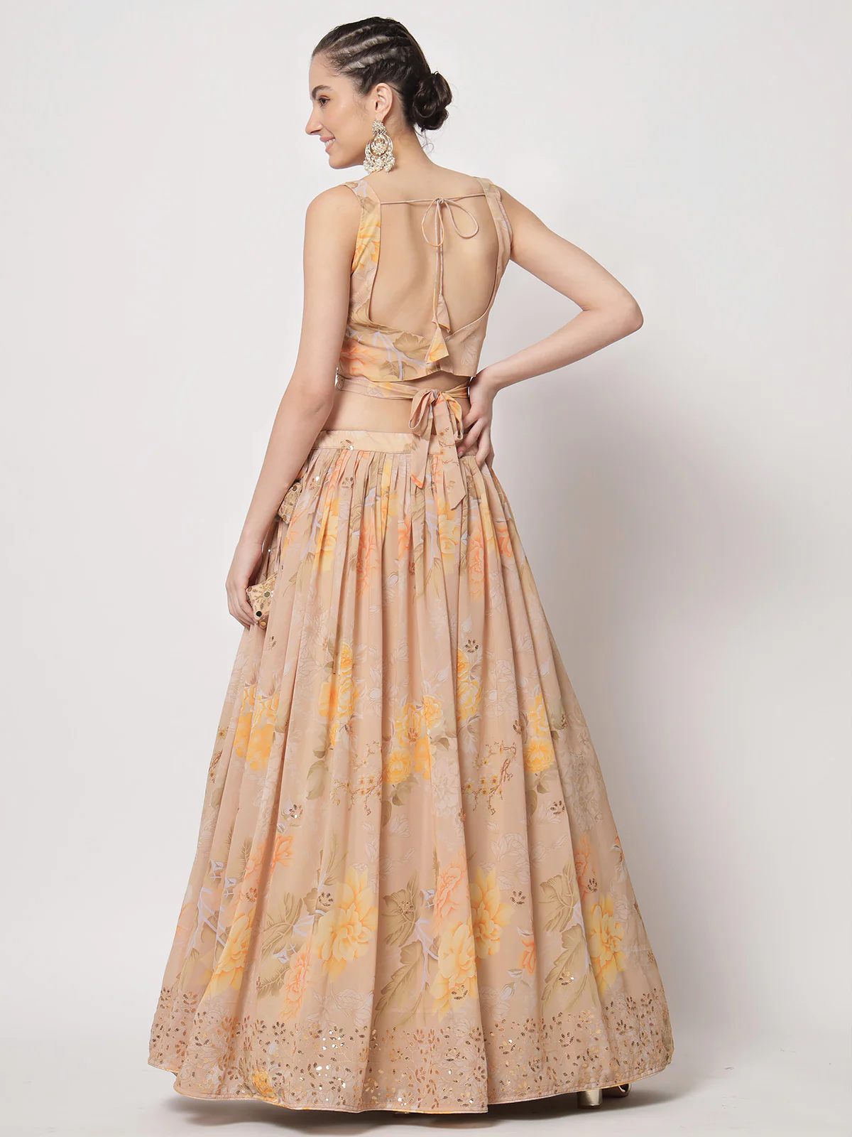 Odette Women Stylish Beige Georgette Embellished Semi Stitched Lehenga With Unstitched Blouse - Image 4