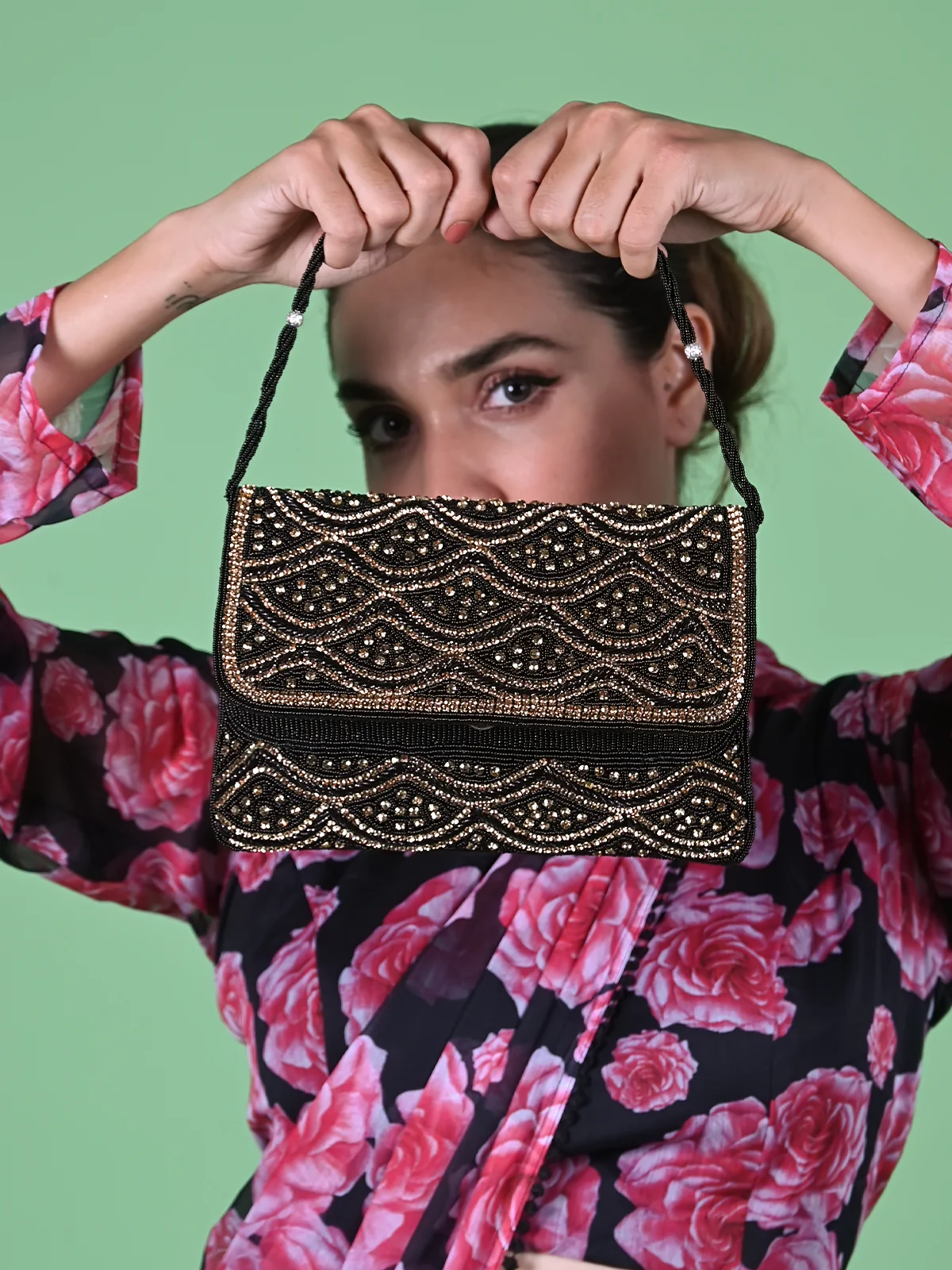 Odette Black And Gold Fabric Beaded Envelope Clutch For Women - Image 2