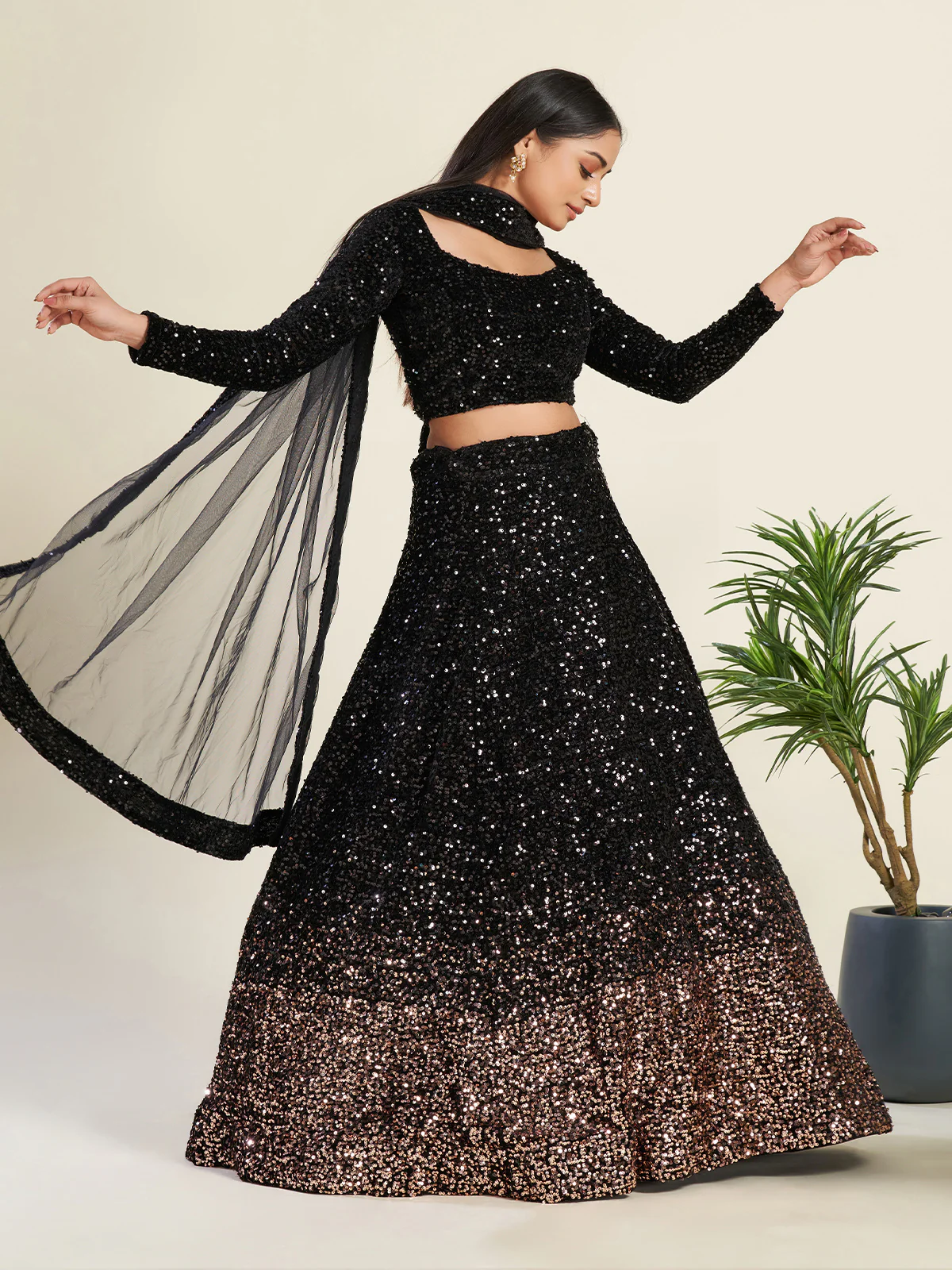 Odette Women Stylish Black Velvet Embellished Semi Stitched Lehenga With Unstitched Blouse - Image 3