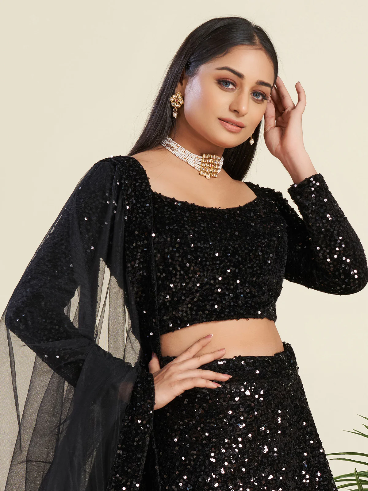 Odette Women Stylish Black Velvet Embellished Semi Stitched Lehenga With Unstitched Blouse - Image 6
