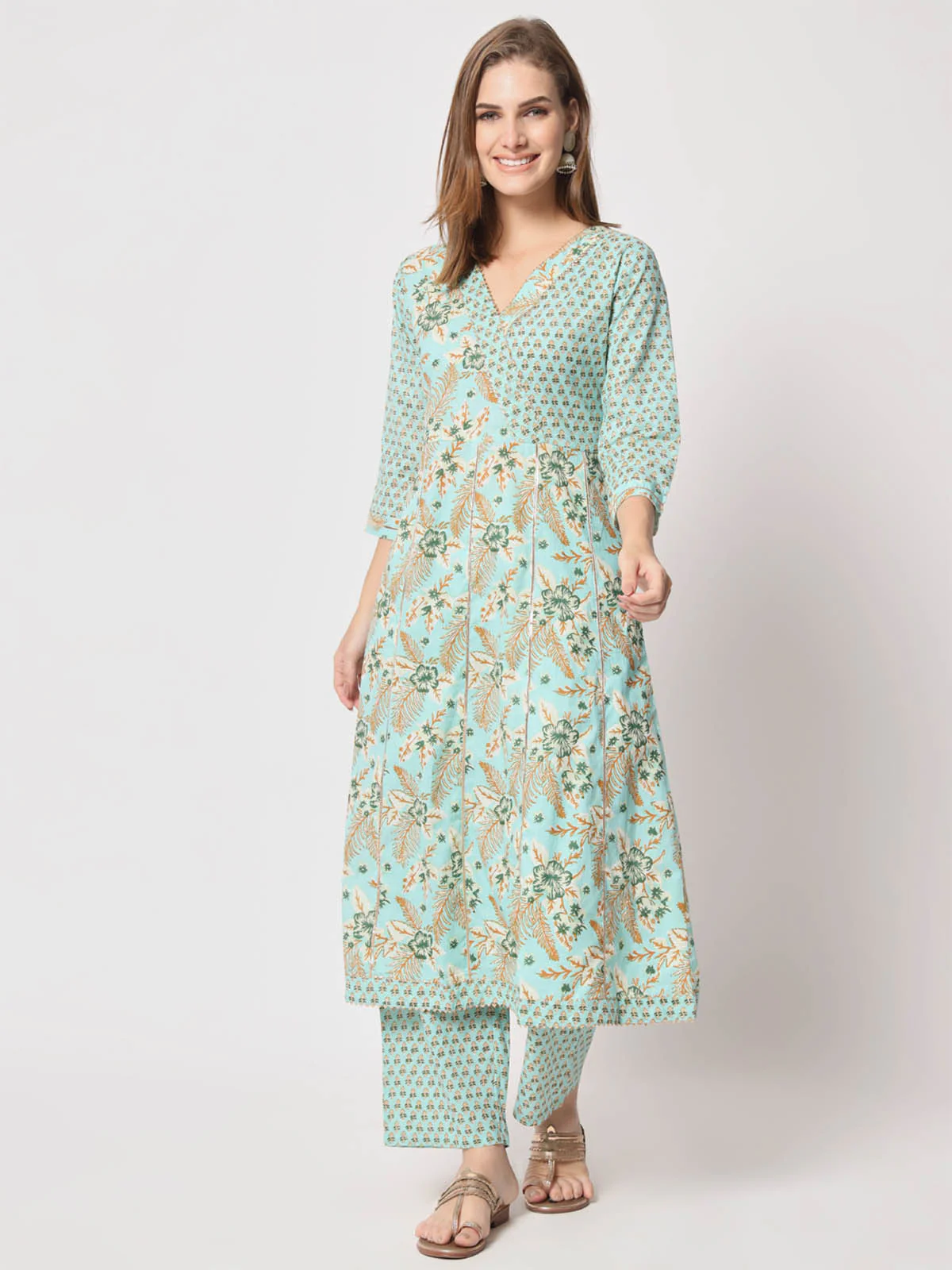 Odette Women Stylish Blue Cotton Printed Stitched Kurta Set - Image 2