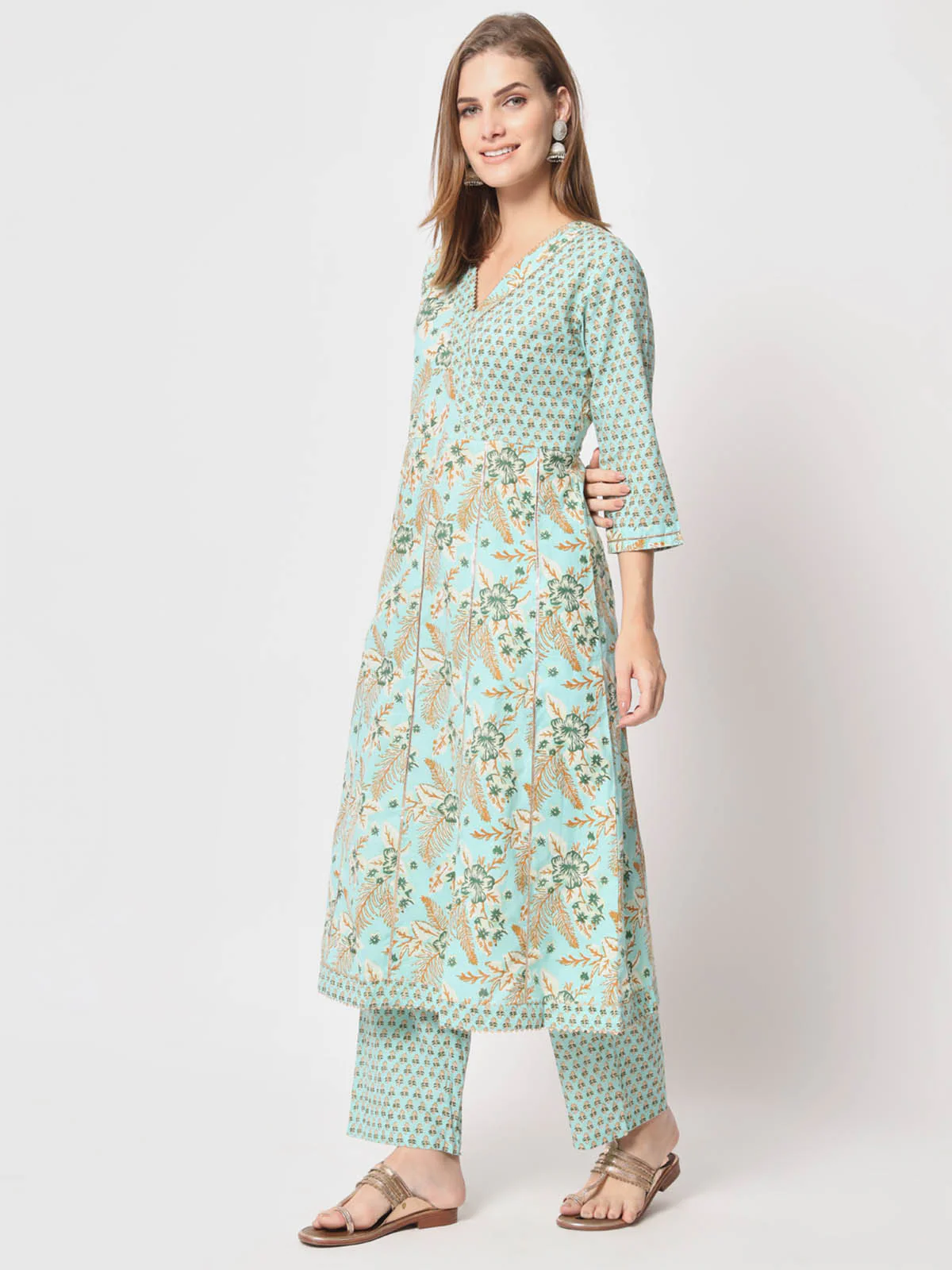 Odette Women Stylish Blue Cotton Printed Stitched Kurta Set - Image 3