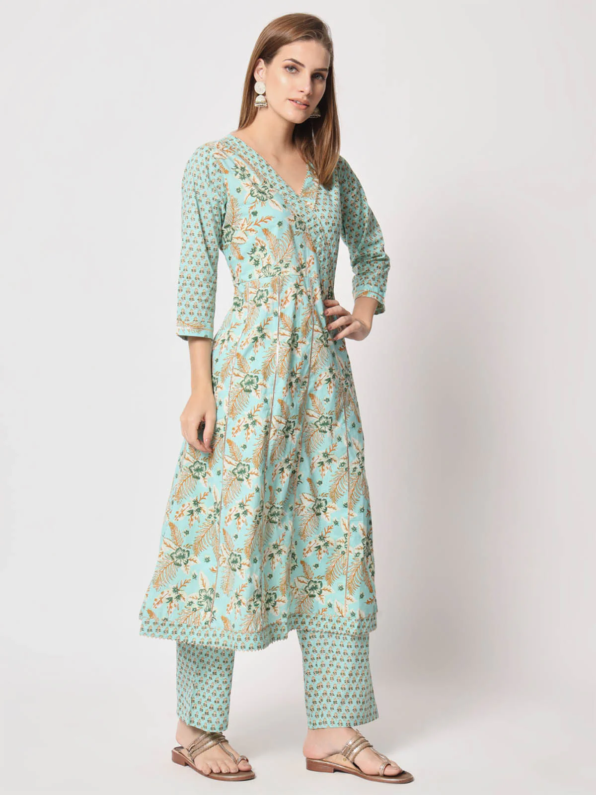 Odette Women Stylish Blue Cotton Printed Stitched Kurta Set - Image 4
