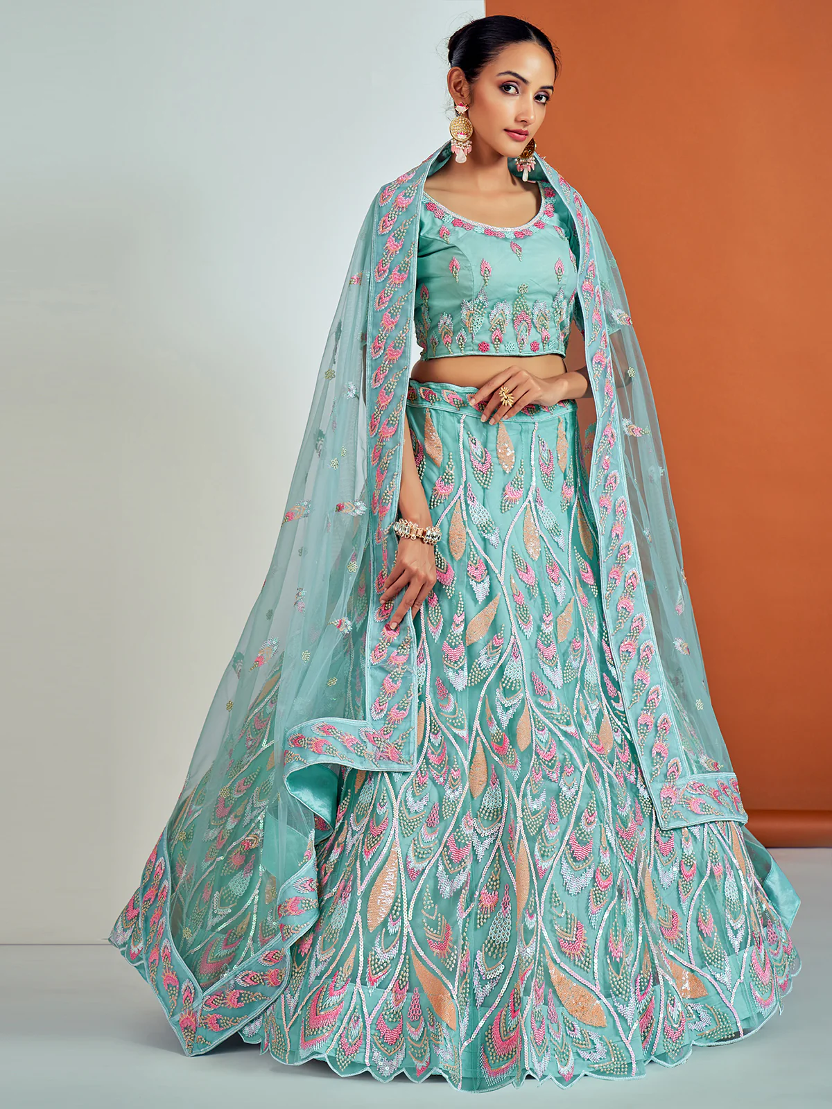 Odette Women Stylish Blue Soft Net Semi Stitched Lehenga With Unstitched Blouse - Image 3