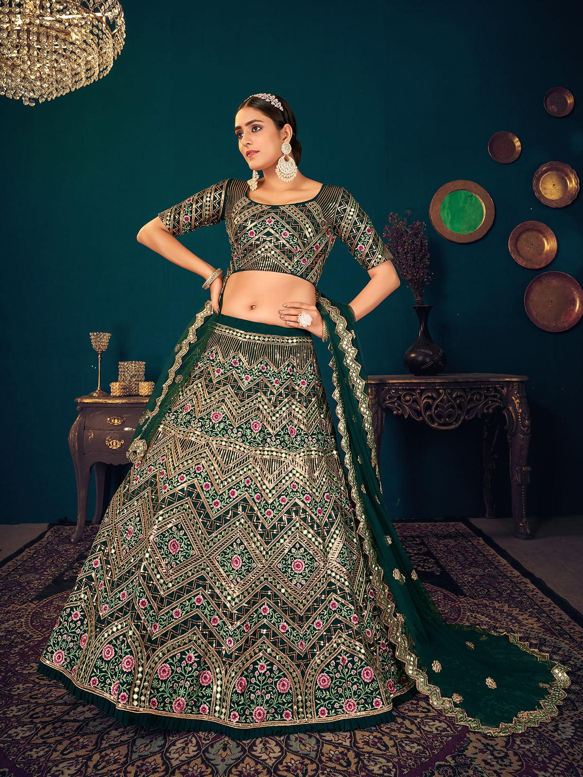 Odette Women Stylish Dark Green Georgette Semi Stitched Lehenga With  Unstitched Blouse - Image 2