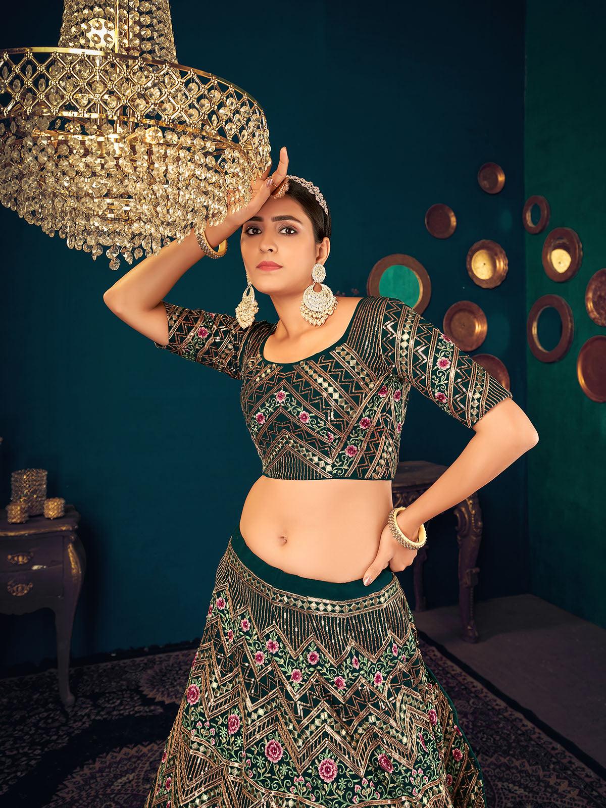 Odette Women Stylish Dark Green Georgette Semi Stitched Lehenga With  Unstitched Blouse - Image 3