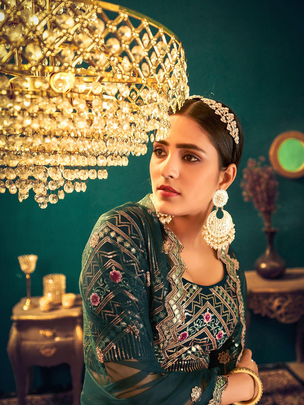 Odette Women Stylish Dark Green Georgette Semi Stitched Lehenga With  Unstitched Blouse - Image 4