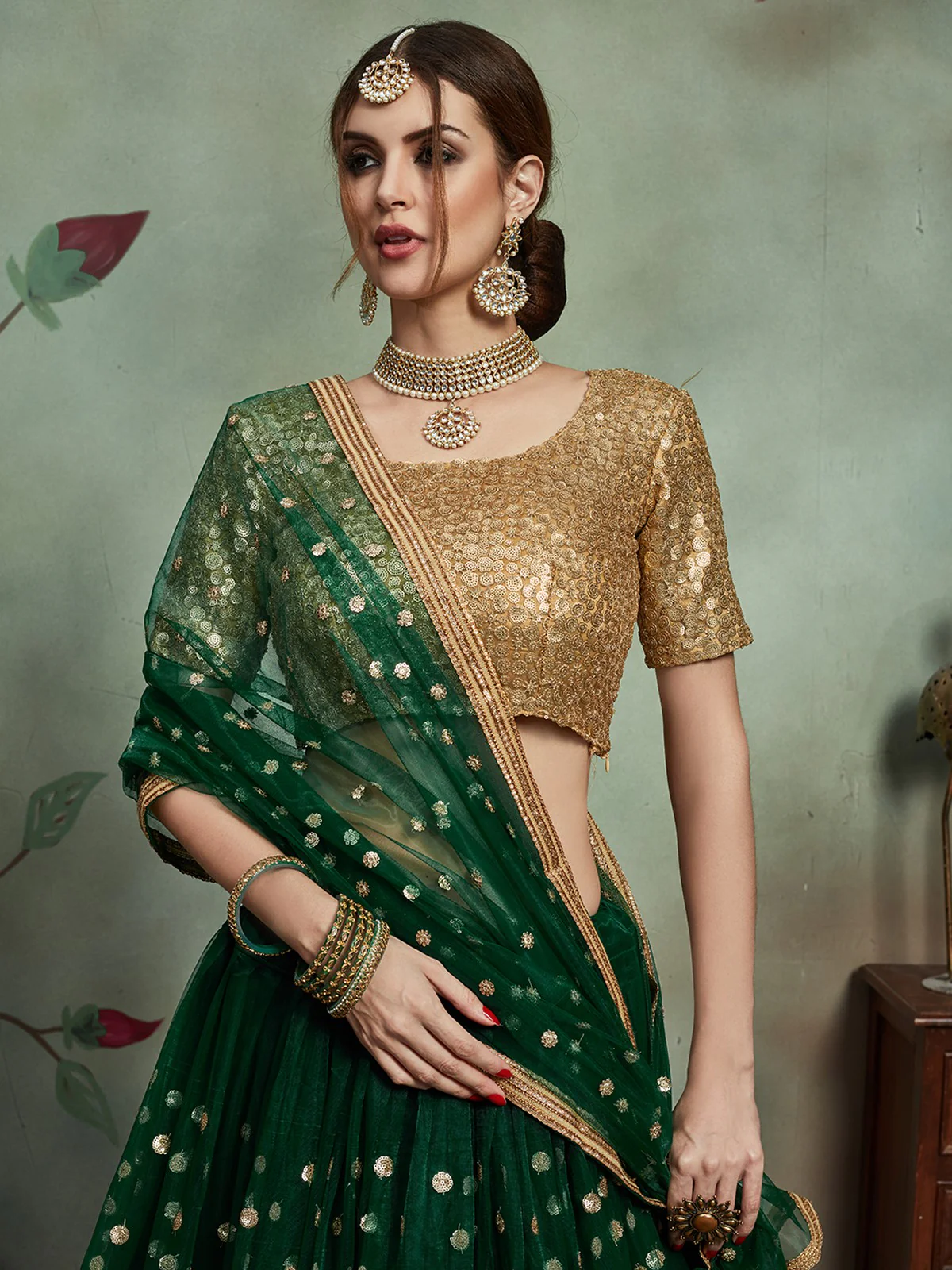 Odette Women Stylish Dark Green Soft Net Semi Stitched Lehenga With Unstitched Blouse - Image 4
