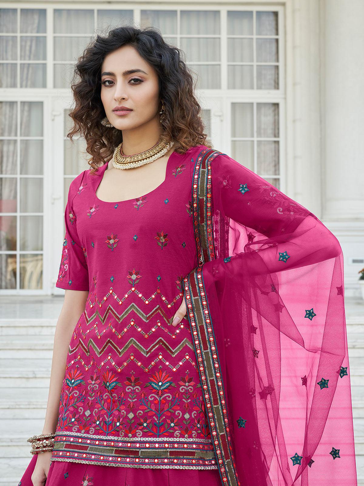 Odette Women Stylish Deep Pink Chinon Chiffon Semi Stitched Lehenga With  Unstitched Blouse - Image 2