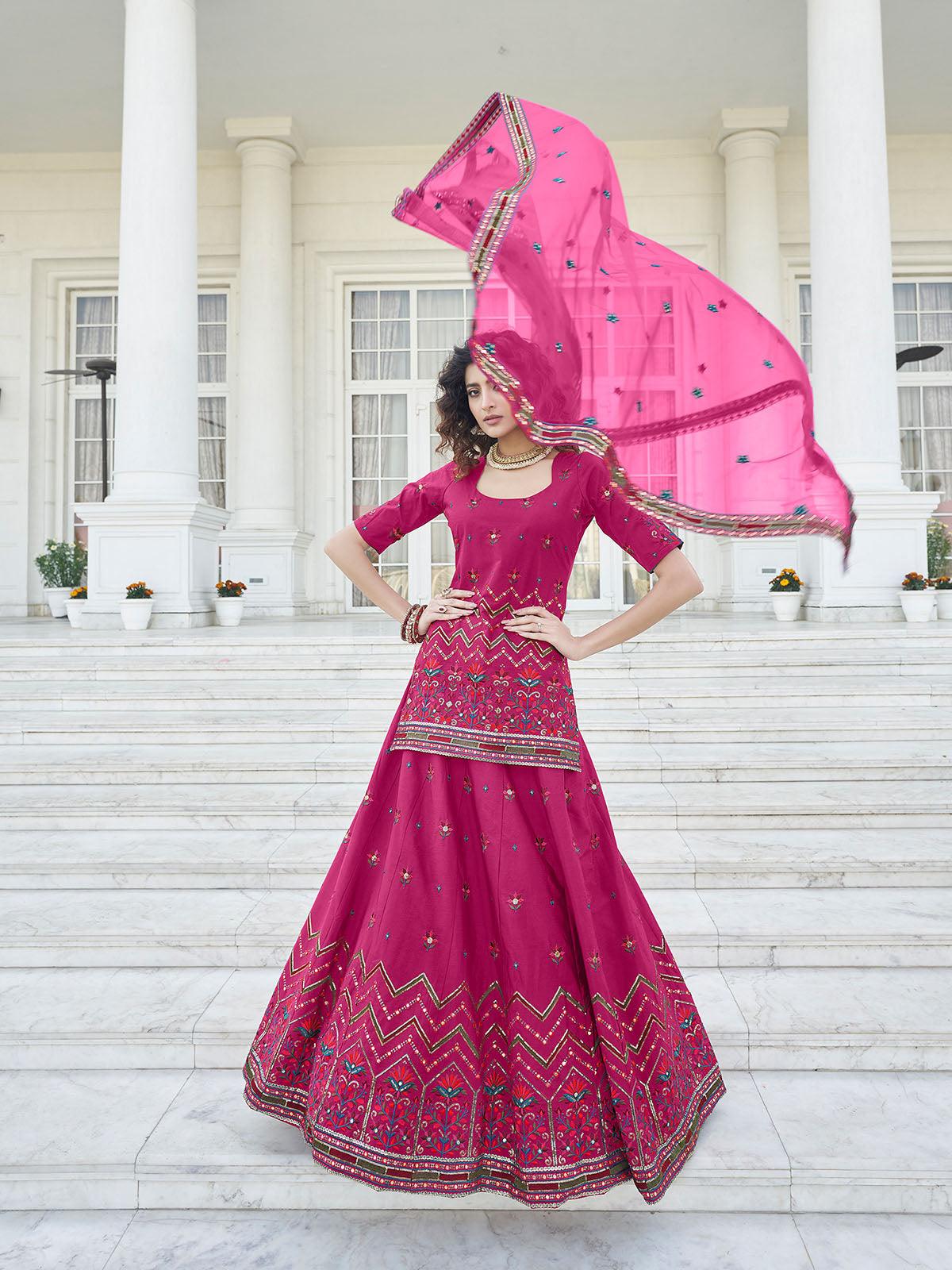 Odette Women Stylish Deep Pink Chinon Chiffon Semi Stitched Lehenga With  Unstitched Blouse - Image 3