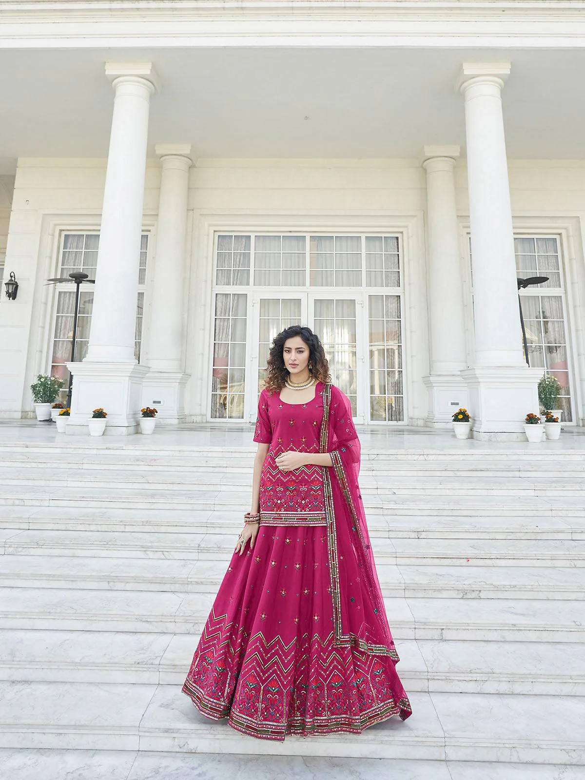Odette Women Stylish Deep Pink Chinon Chiffon Semi Stitched Lehenga With  Unstitched Blouse - Image 4