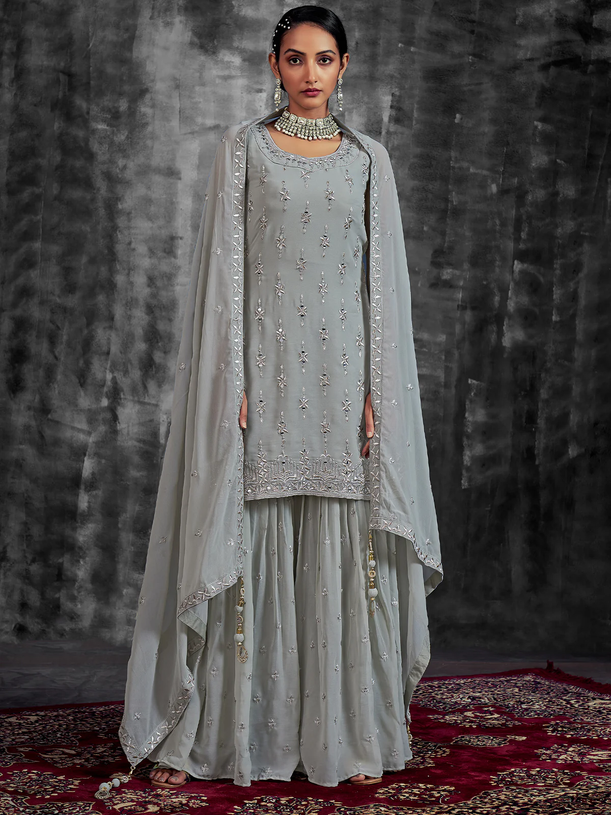 Odette Women Grey Embroidered Partywear Stitched Kurtaset
