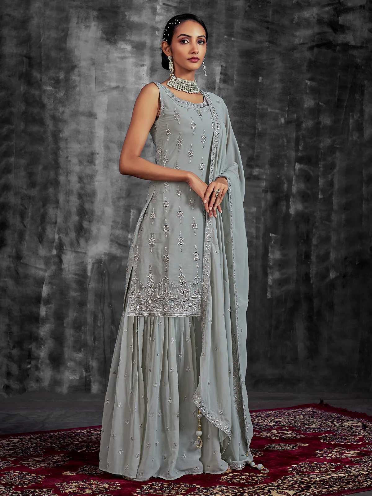 Odette Women Grey Embroidered Partywear Stitched Kurtaset - Image 2