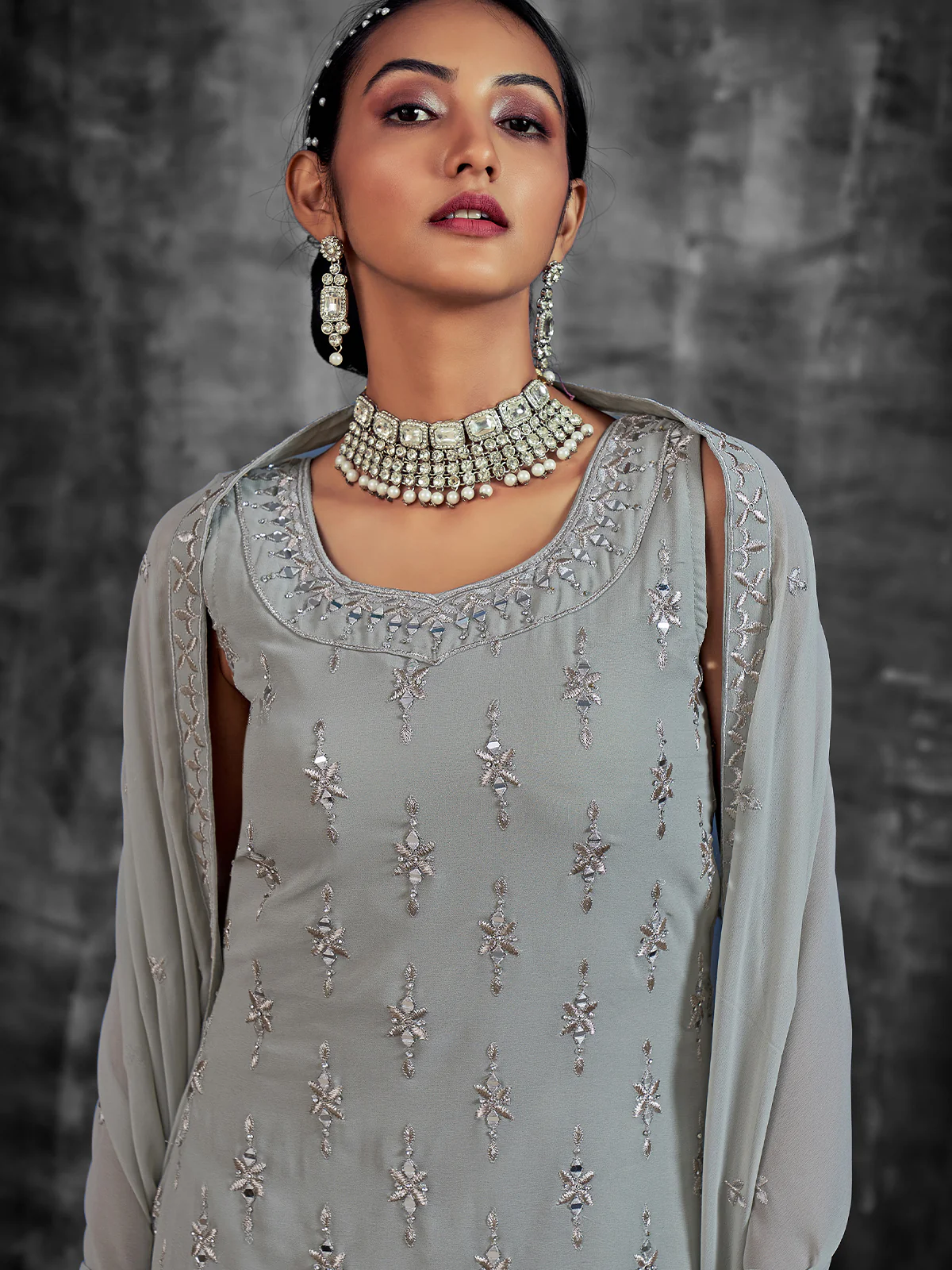 Odette Women Grey Embroidered Partywear Stitched Kurtaset - Image 3