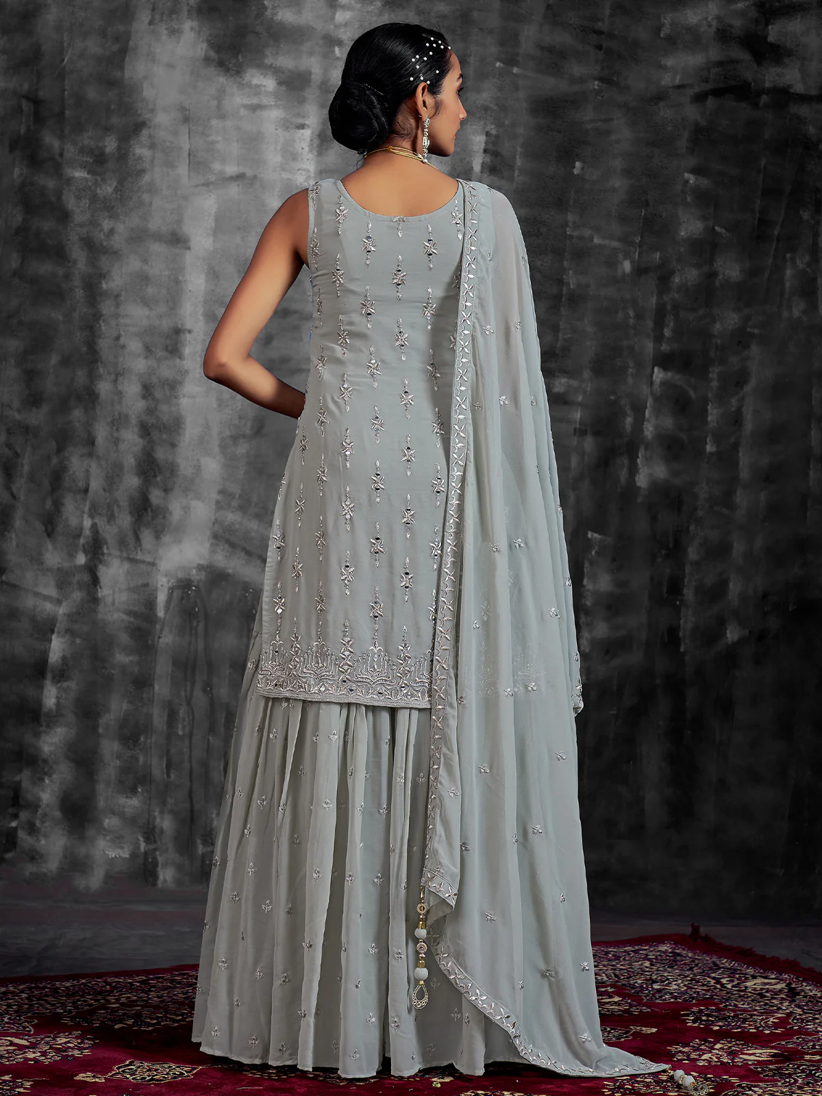 Odette Women Grey Embroidered Partywear Stitched Kurtaset - Image 4