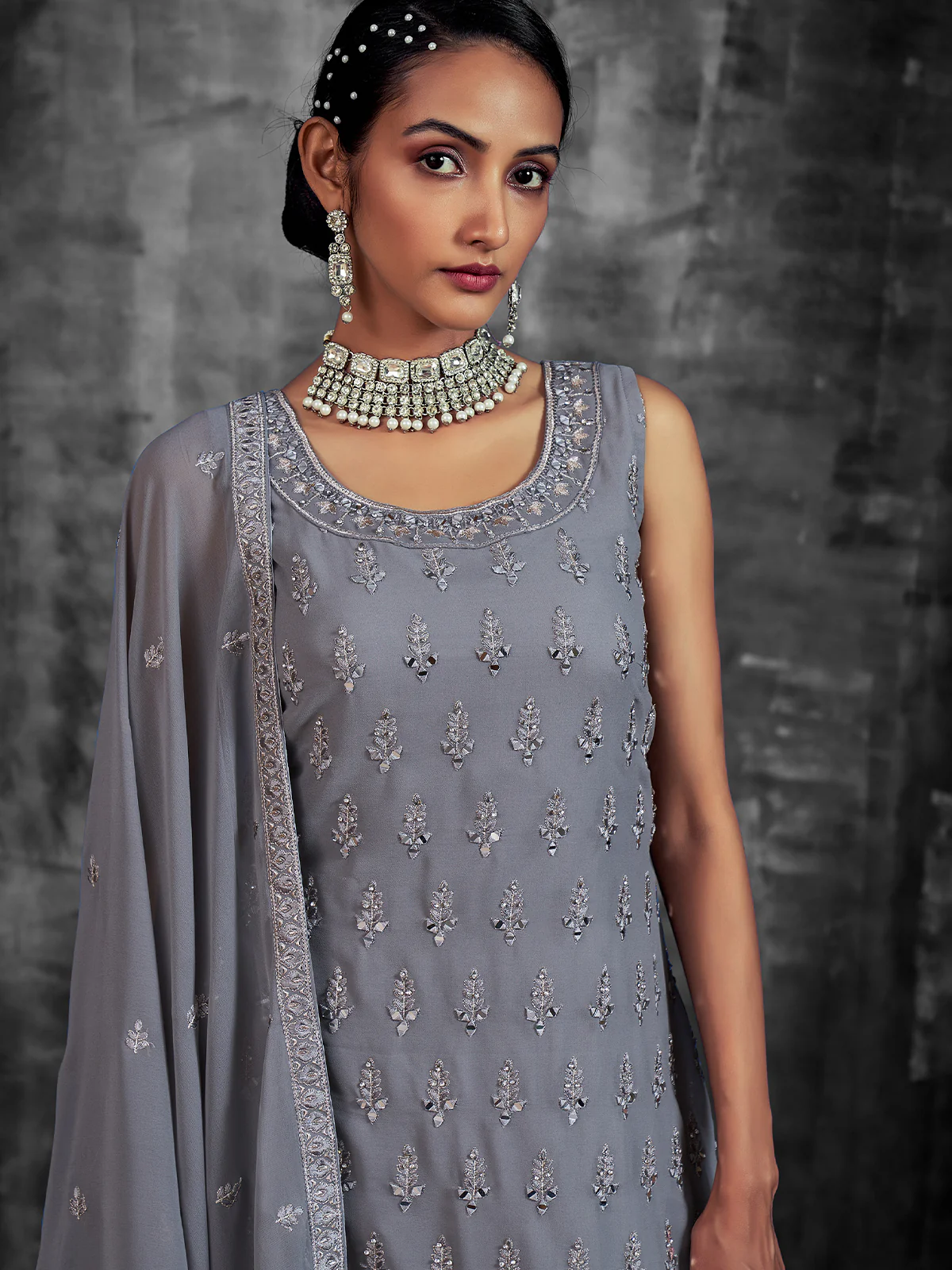 Odette Women Stylish Embroidered Grey Georgette Stitched Kurta Set - Image 3