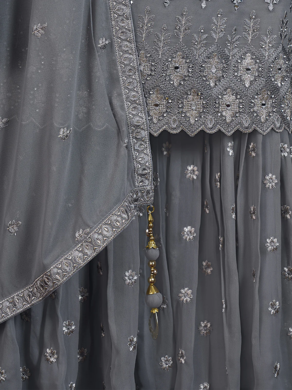 Odette Women Stylish Embroidered Grey Georgette Stitched Kurta Set - Image 5