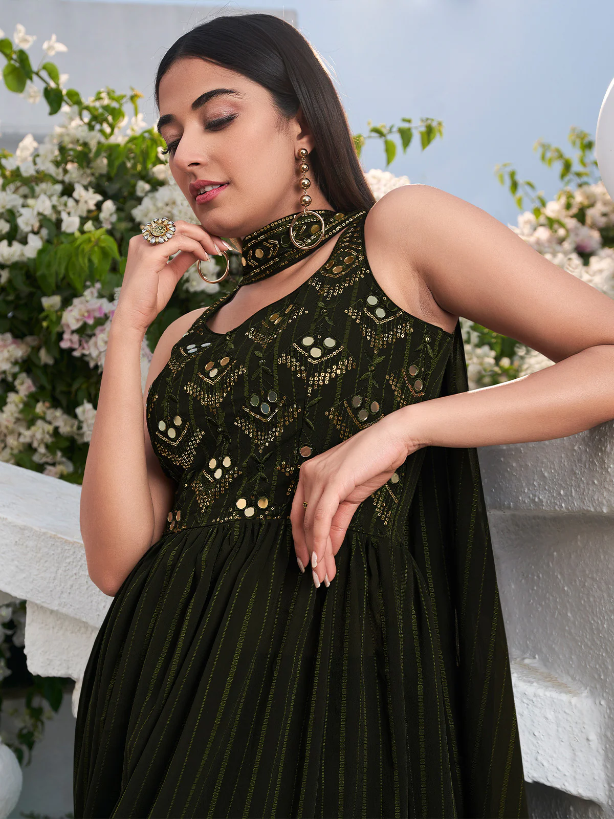Odette Women Stylish Embroidered Olive Georgette Semi Stitched Gown - Image 3