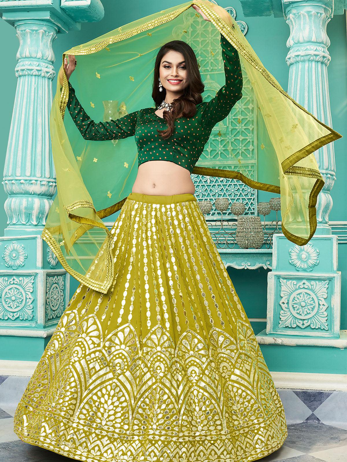 Odette Women Stylish Florescent Green Georgette Semi Stitched Lehenga With  Unstitched Blouse - Image 3
