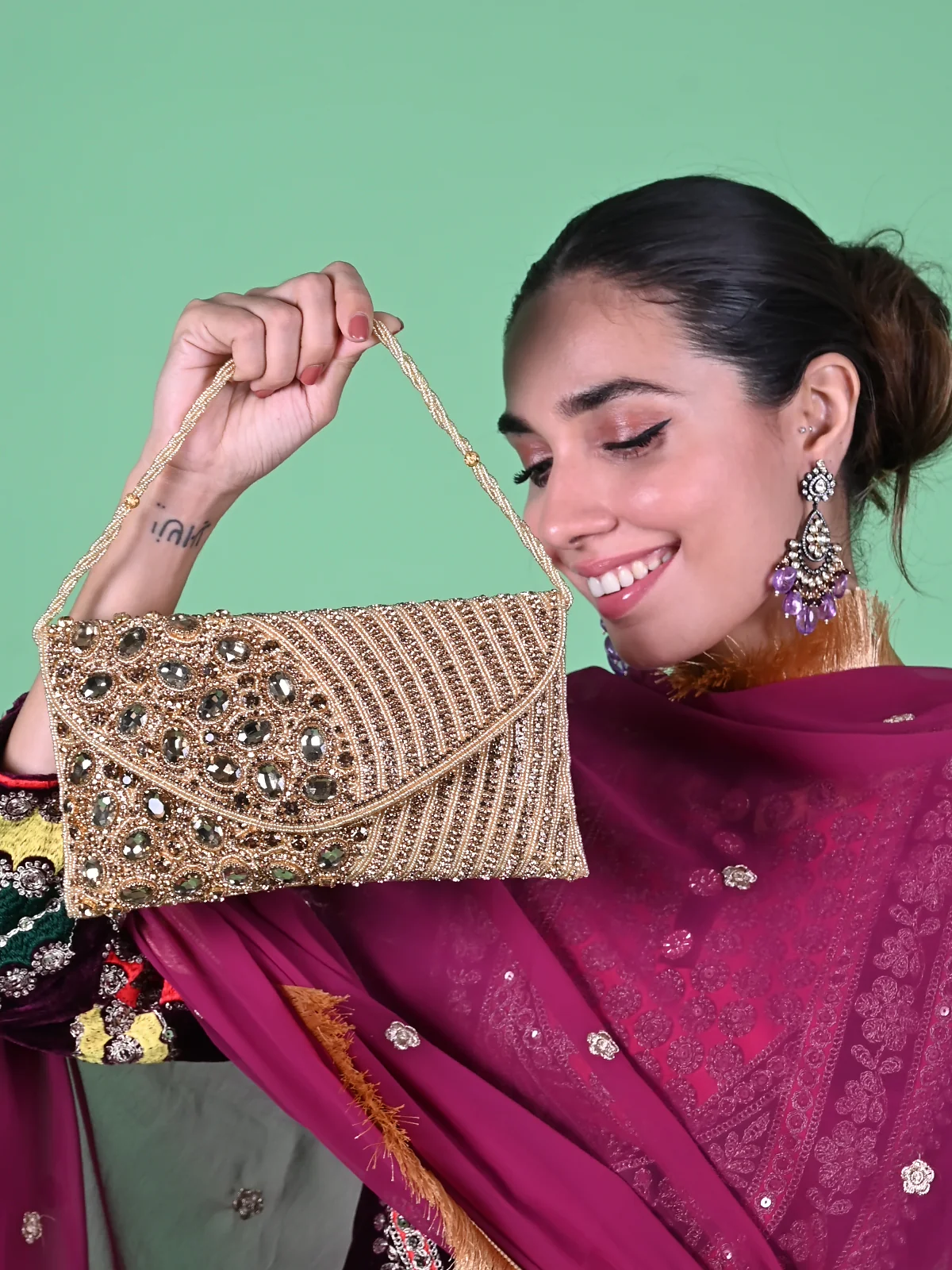 Odette Golden Fabric Sparkling Bridal Clutch For Women - Image 2