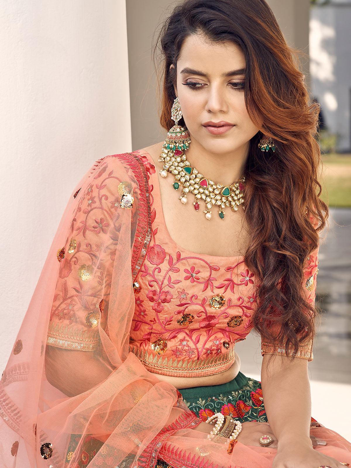 Odette Women Stylish Green And Orange Art Silk Semi Stitched Lehenga With  Unstitched Blouse - Image 2