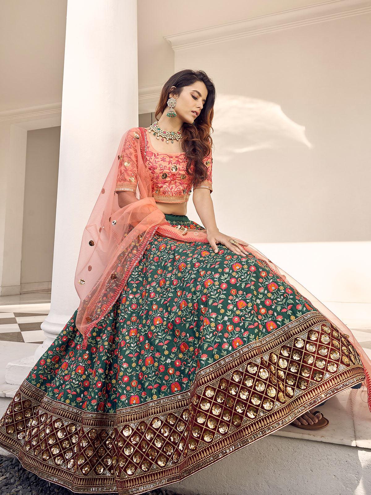 Odette Women Stylish Green And Orange Art Silk Semi Stitched Lehenga With  Unstitched Blouse - Image 3
