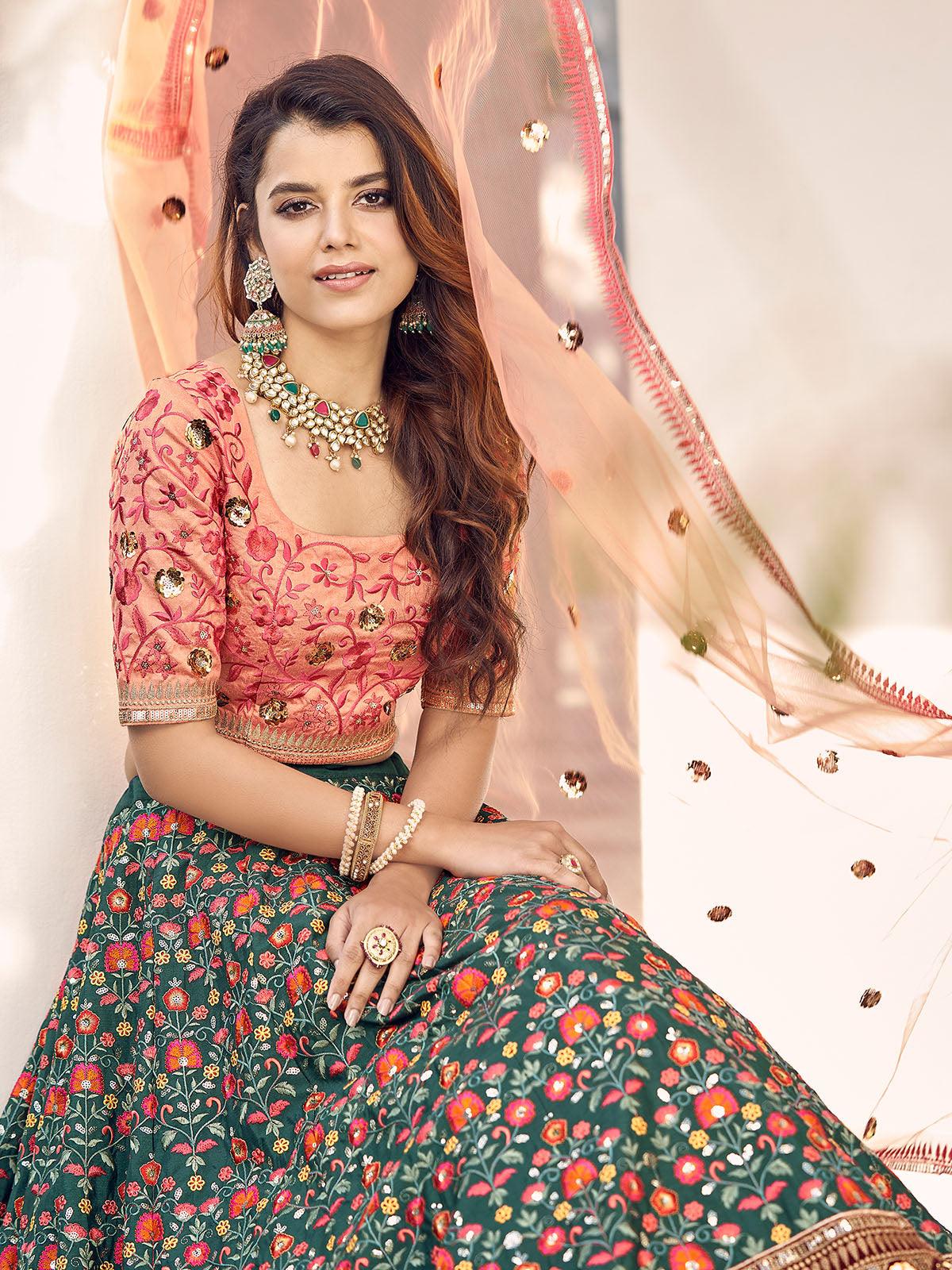 Odette Women Stylish Green And Orange Art Silk Semi Stitched Lehenga With  Unstitched Blouse - Image 4