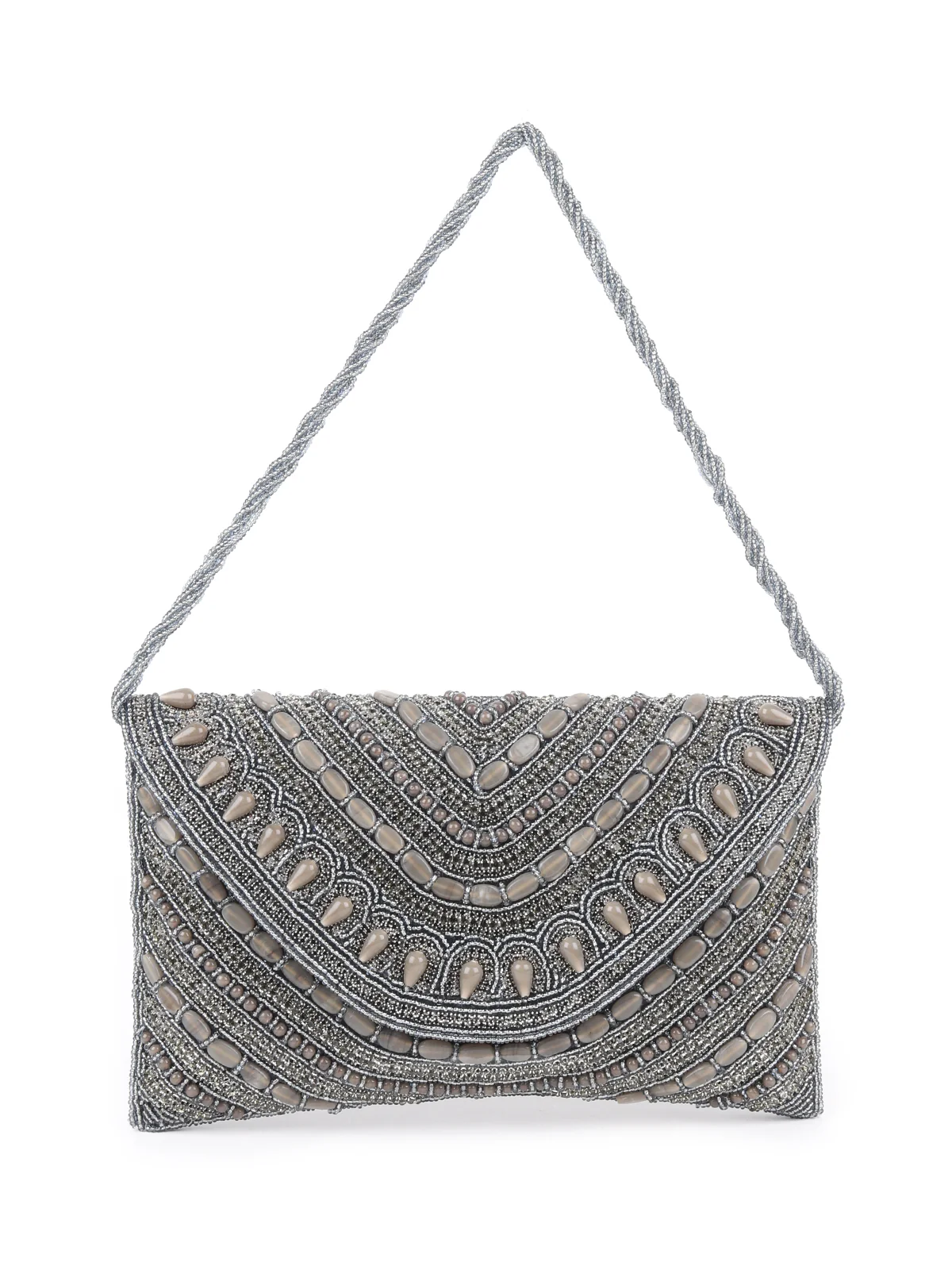 Odette Grey Fabric Beaded Envelope Clutch For Women - Image 3