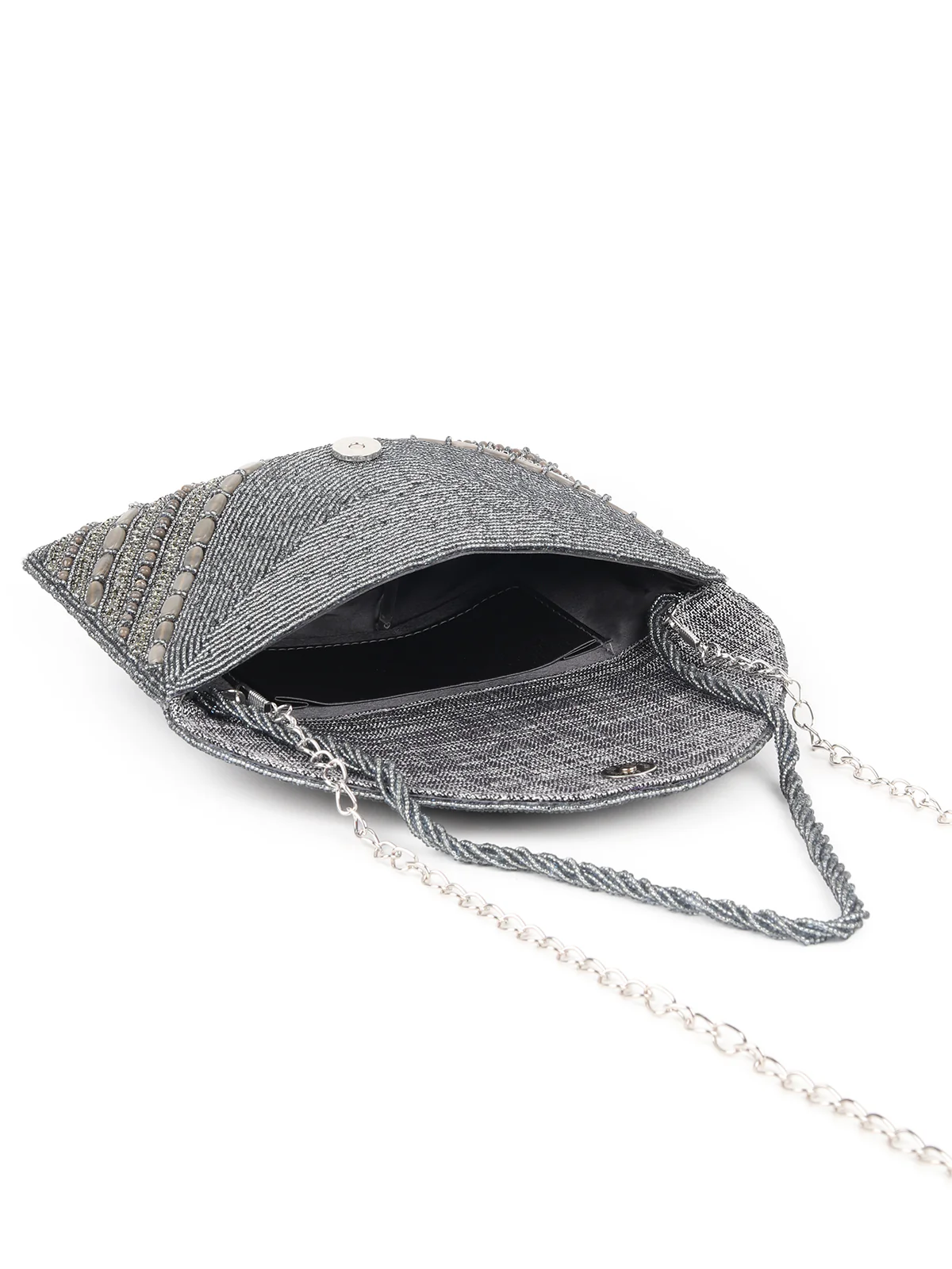 Odette Grey Fabric Beaded Envelope Clutch For Women - Image 6