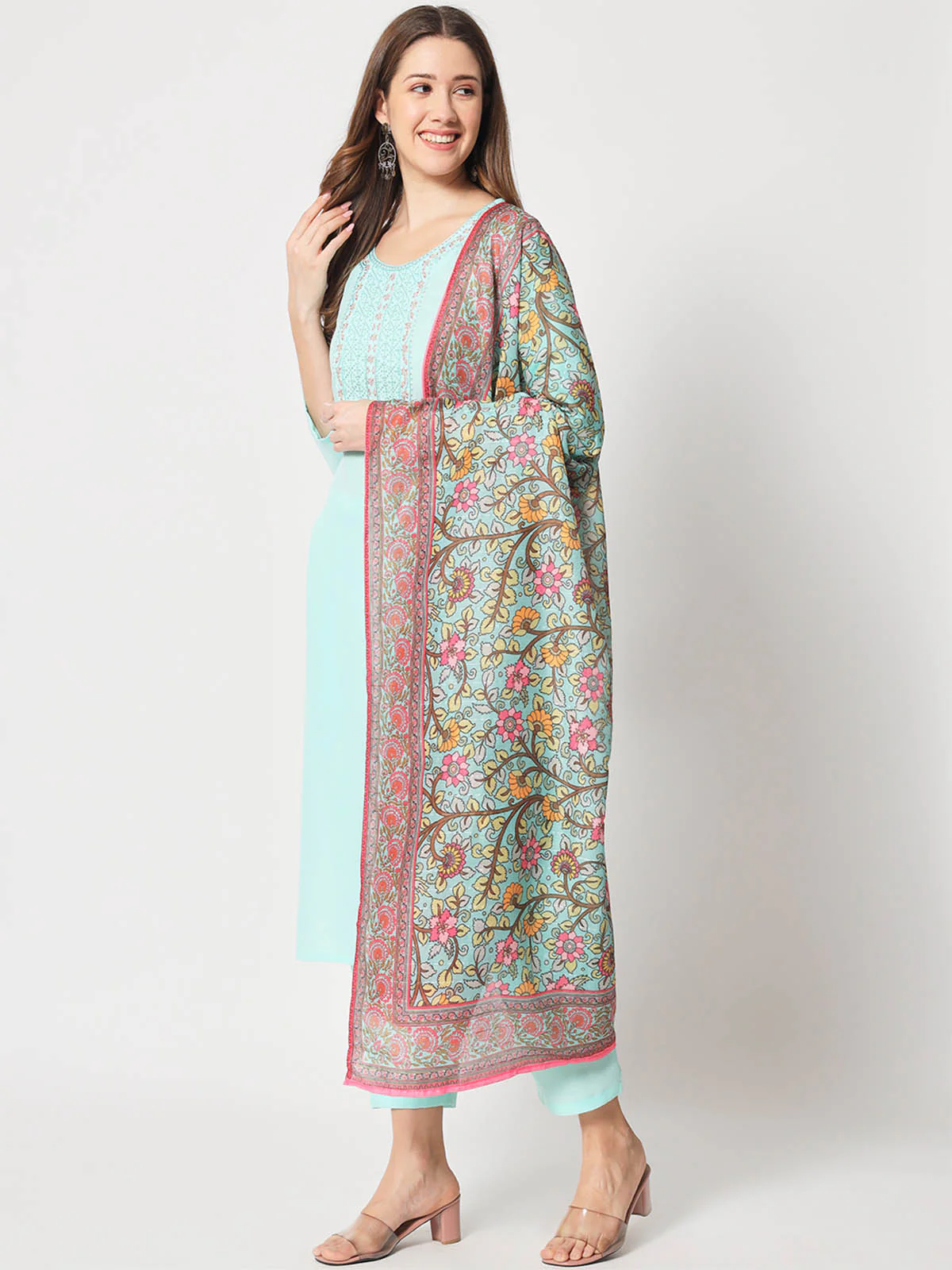 Odette Women Stylish Light Blue Cotton Embroidered Stitched Kurta Set - Image 3