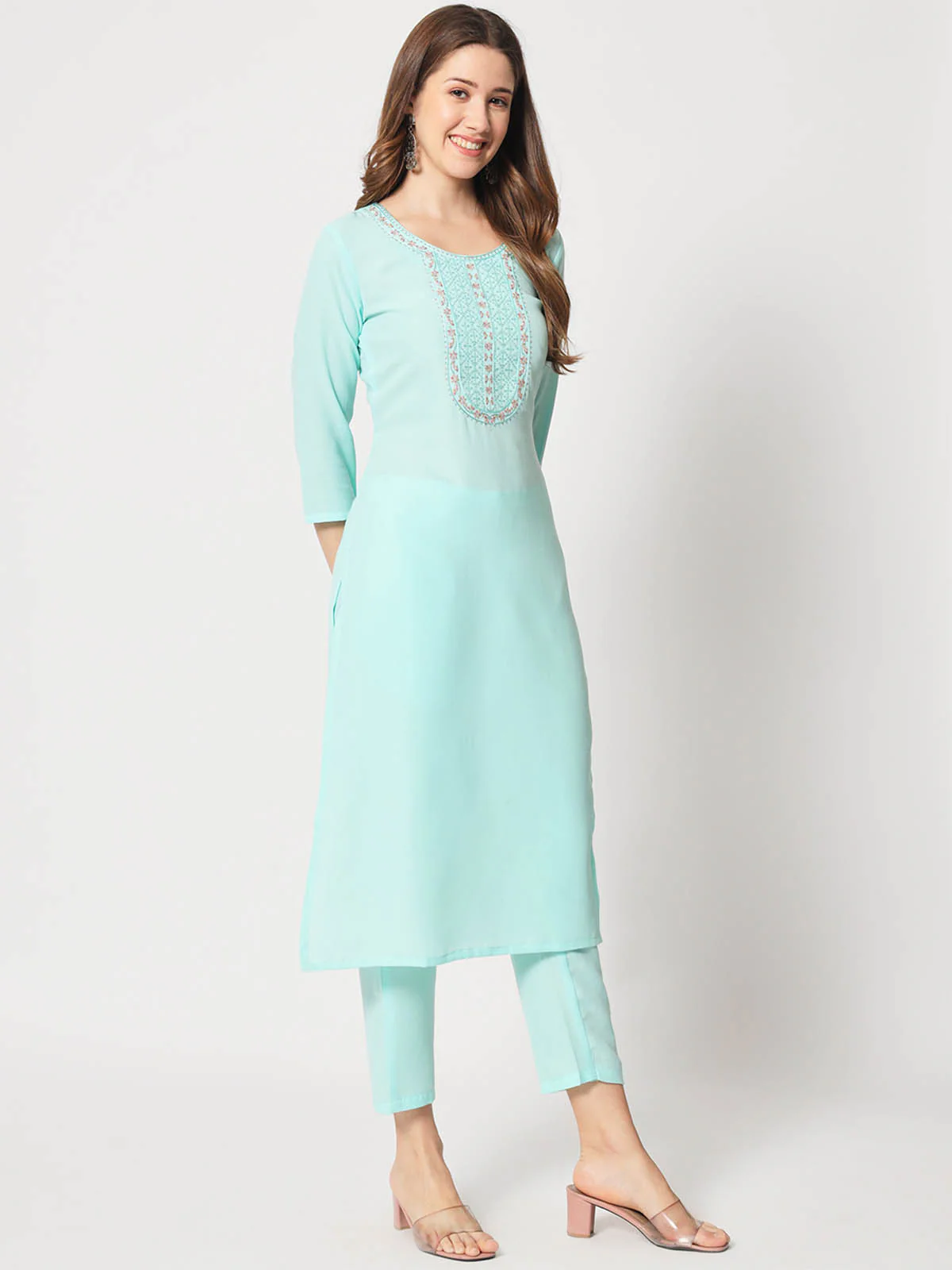 Odette Women Stylish Light Blue Cotton Embroidered Stitched Kurta Set - Image 4