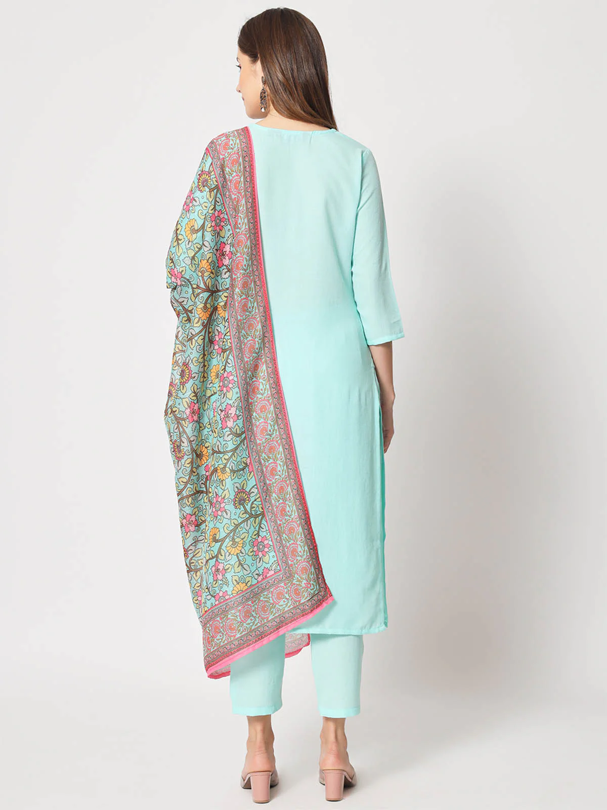 Odette Women Stylish Light Blue Cotton Embroidered Stitched Kurta Set - Image 5