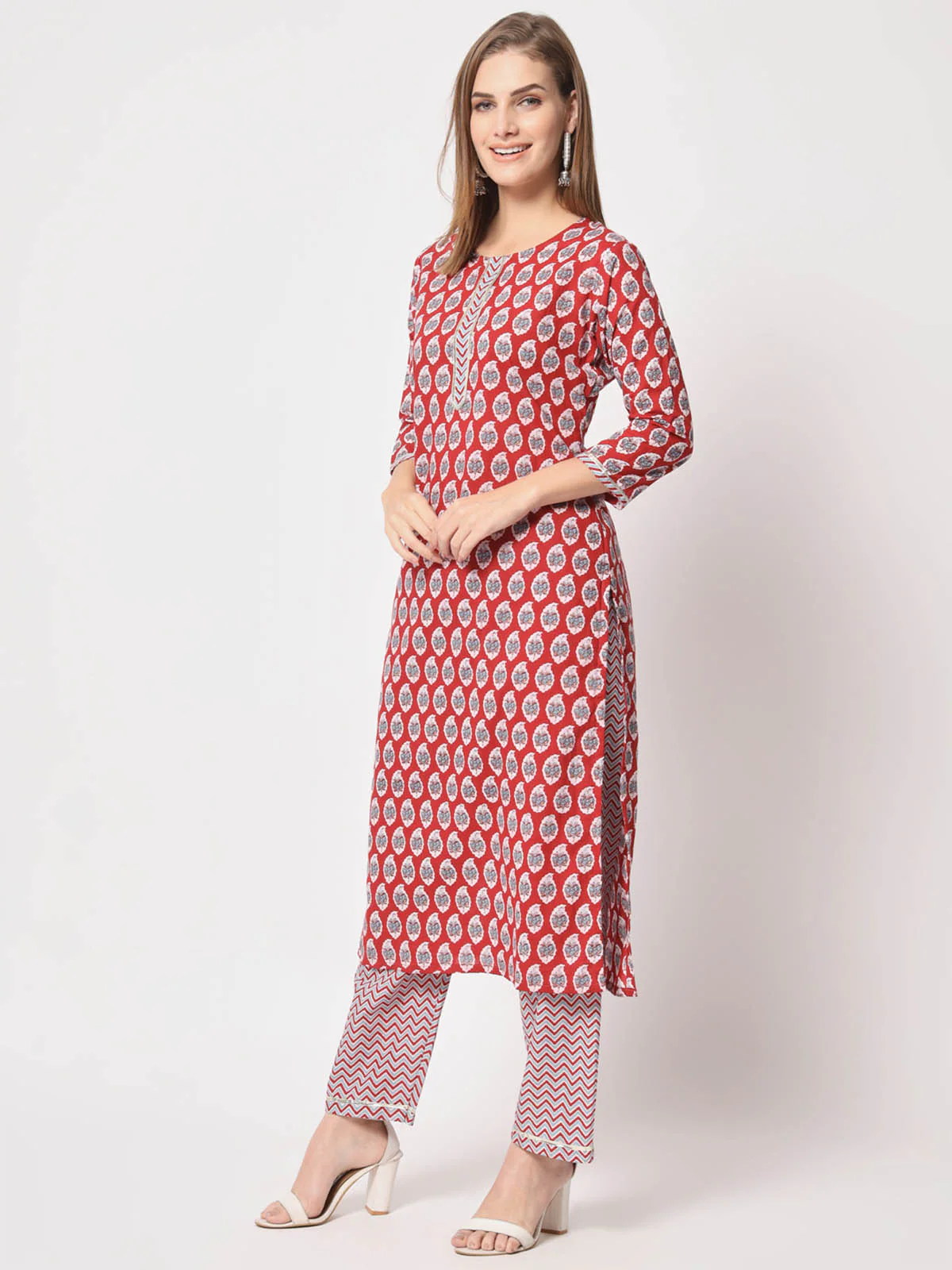 Odette Women Stylish Maroon Cotton Printed Stitched Kurta Set - Image 3