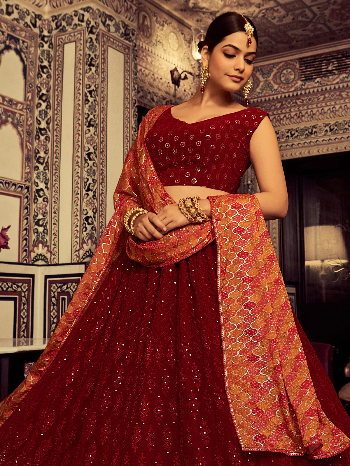 Odette Women Stylish Maroon Embroidered Georgette Semi Stitched Lehenga With Blouse Piece - Image 4