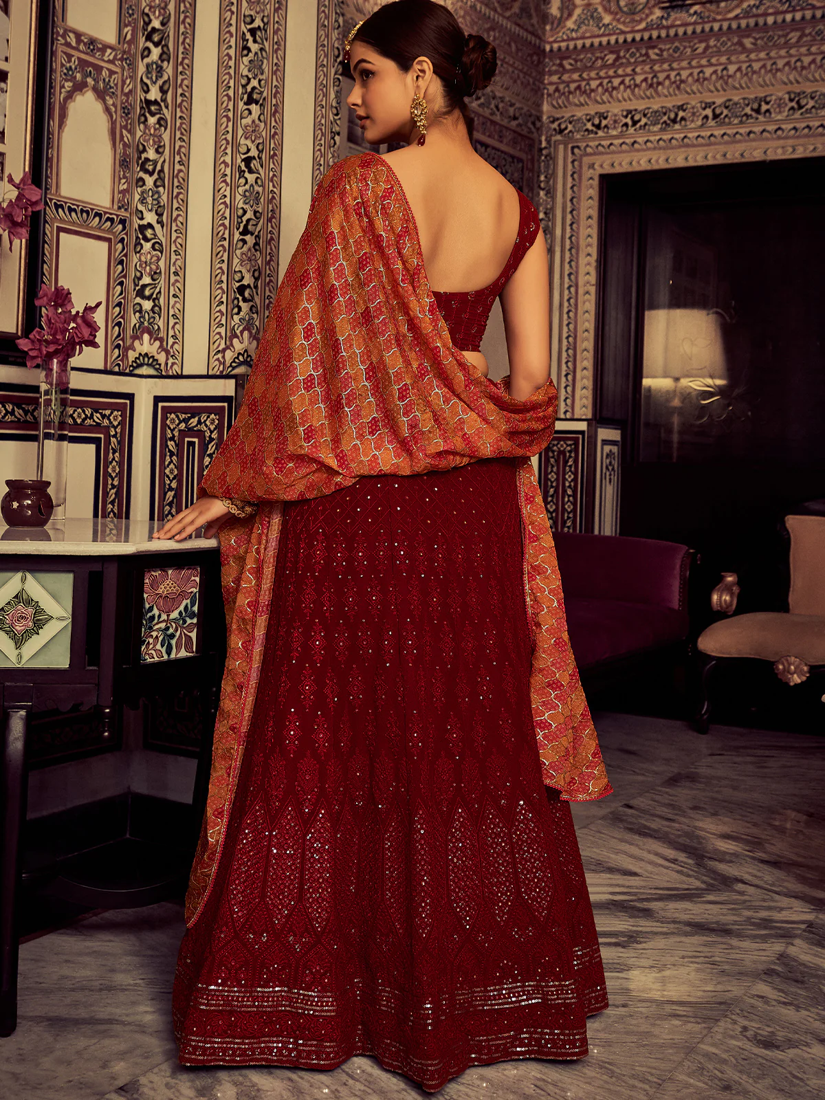 Odette Women Stylish Maroon Embroidered Georgette Semi Stitched Lehenga With Blouse Piece - Image 5