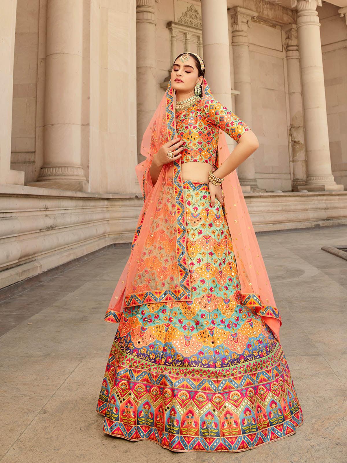 Odette Women Stylish Multi Colored Art Silk Semi Stitched Lehenga With  Unstitched Blouse - Image 2