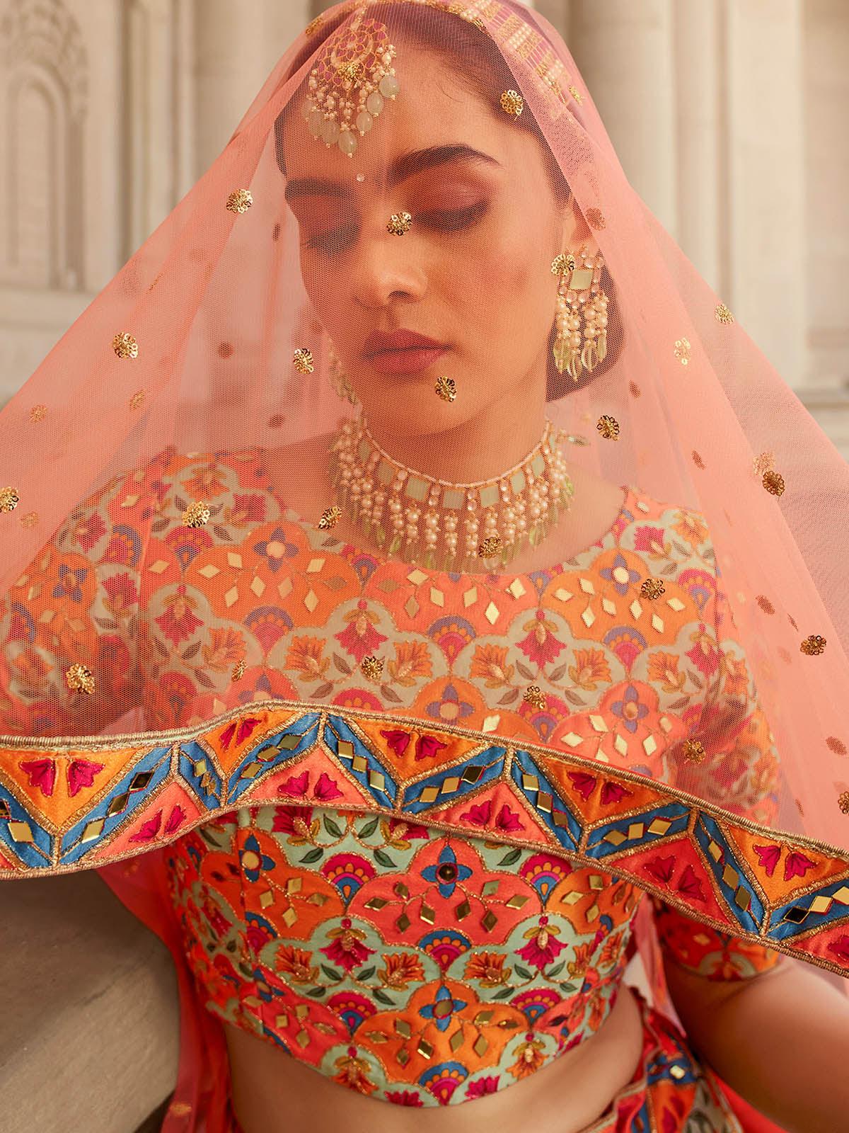 Odette Women Stylish Multi Colored Art Silk Semi Stitched Lehenga With  Unstitched Blouse - Image 3