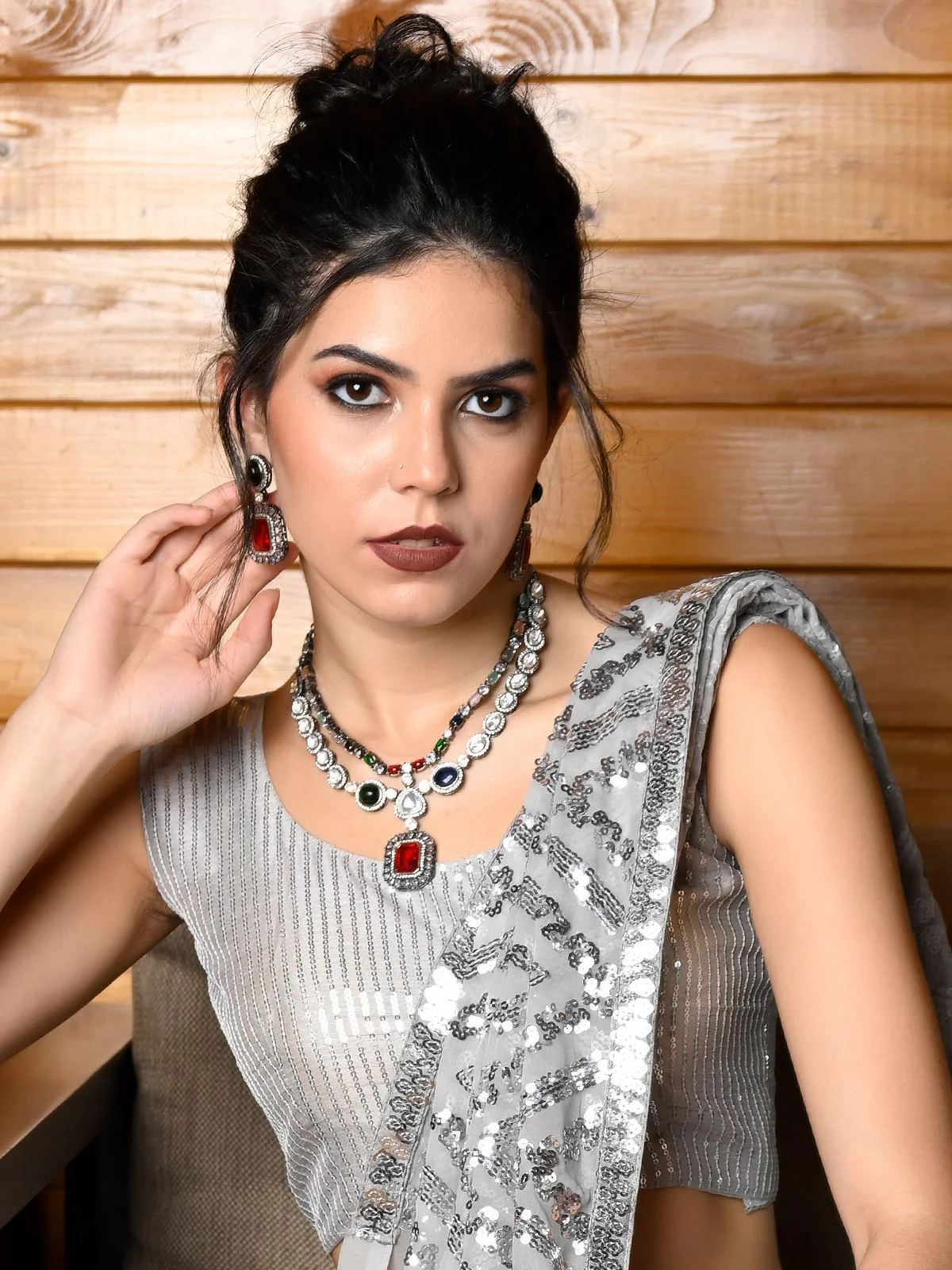 Odette Women Stylish Multicolored Kundan Necklace Set - Image 2