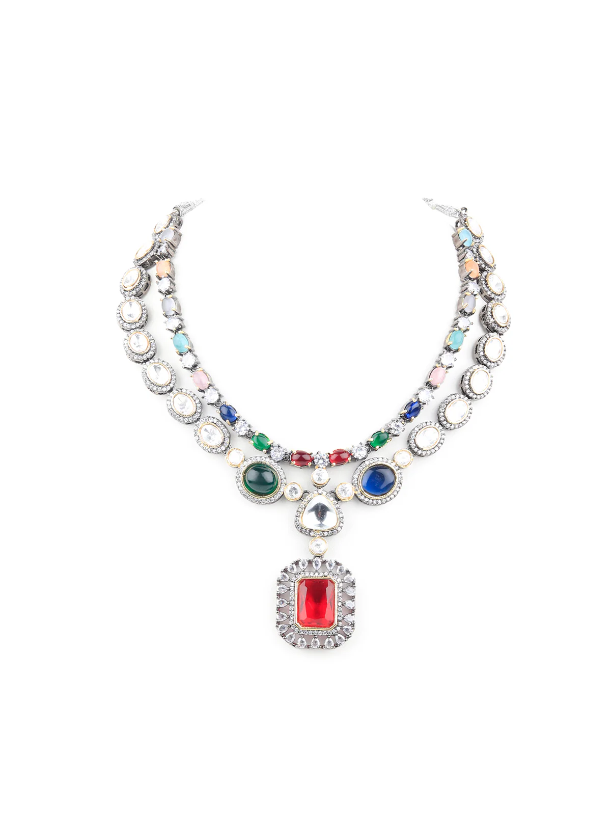 Odette Women Stylish Multicolored Kundan Necklace Set - Image 4