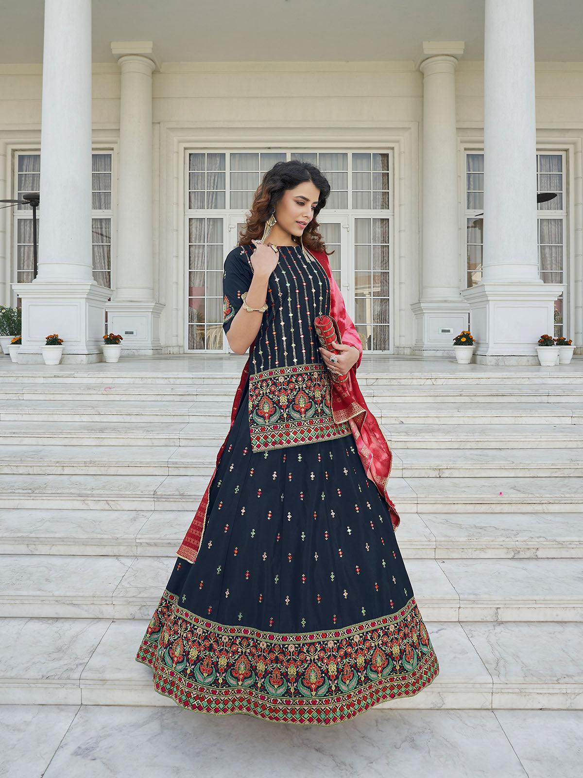 Odette Women Stylish Navy Blue Chinon Chiffon Semi Stitched Lehenga With  Unstitched Blouse - Image 2