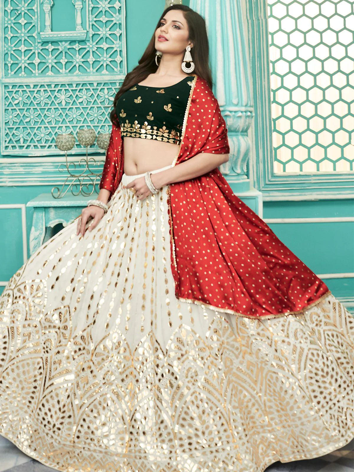 Odette Women Stylish Off White Georgette Semi Stitched Lehenga With Unstitched Blouse - Image 4