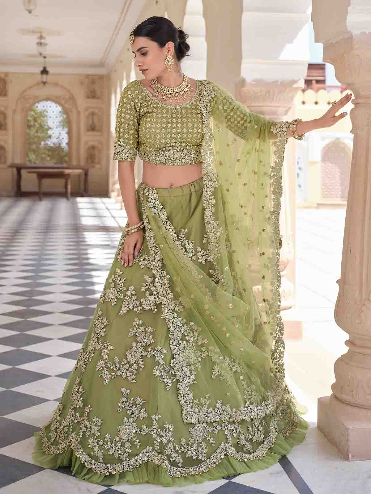 Odette Women Stylish Oilve Soft Net Semi Stitched Lehenga With Unstitched Blouse - Image 2