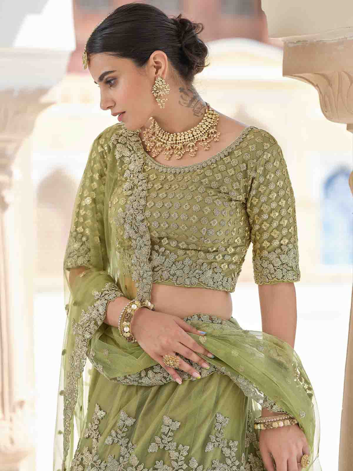 Odette Women Stylish Oilve Soft Net Semi Stitched Lehenga With Unstitched Blouse - Image 3
