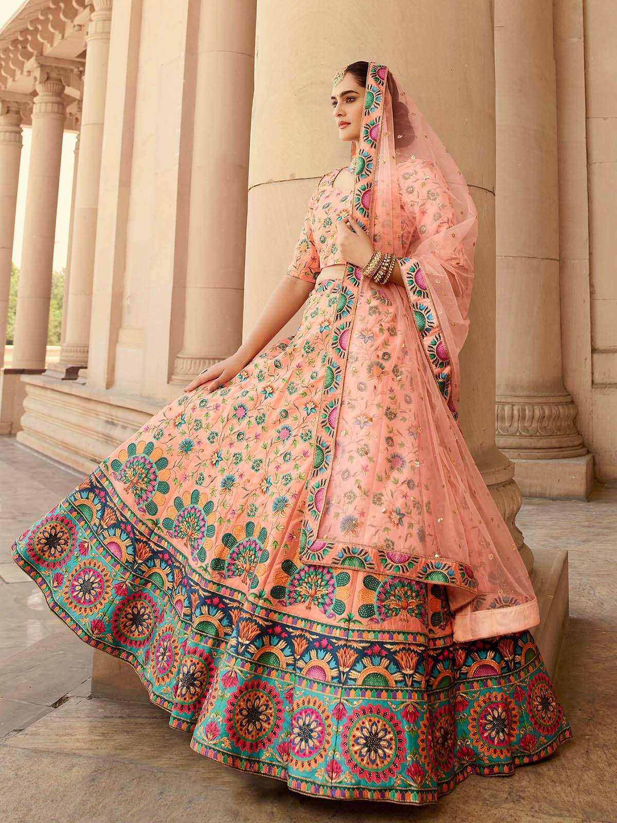 Odette Women Stylish Peach Art Silk Semi Stitched Lehenga With  Unstitched Blouse - Image 3