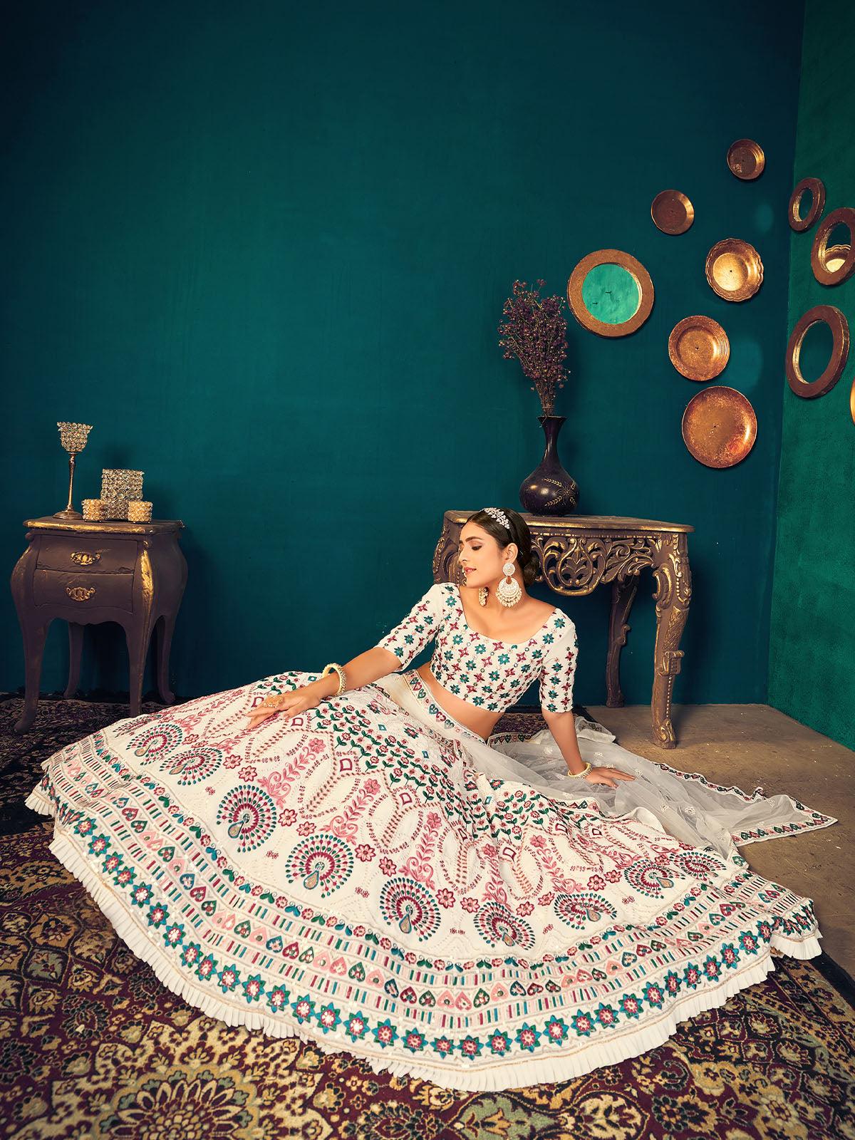 Odette Women Stylish Pearl White Georgette Semi Stitched Lehenga With Unstitched Blouse - Image 5