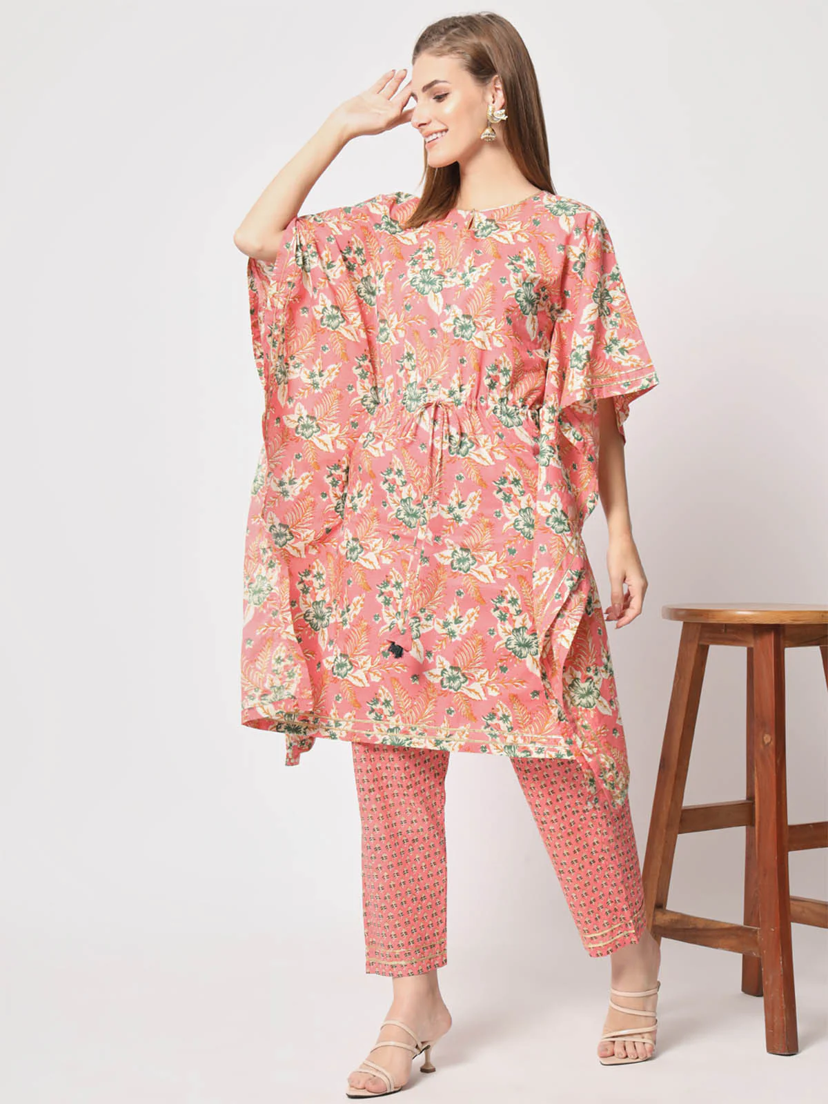 Odette Women Stylish Pink Cotton Printed Stitched Kurta Set - Image 5