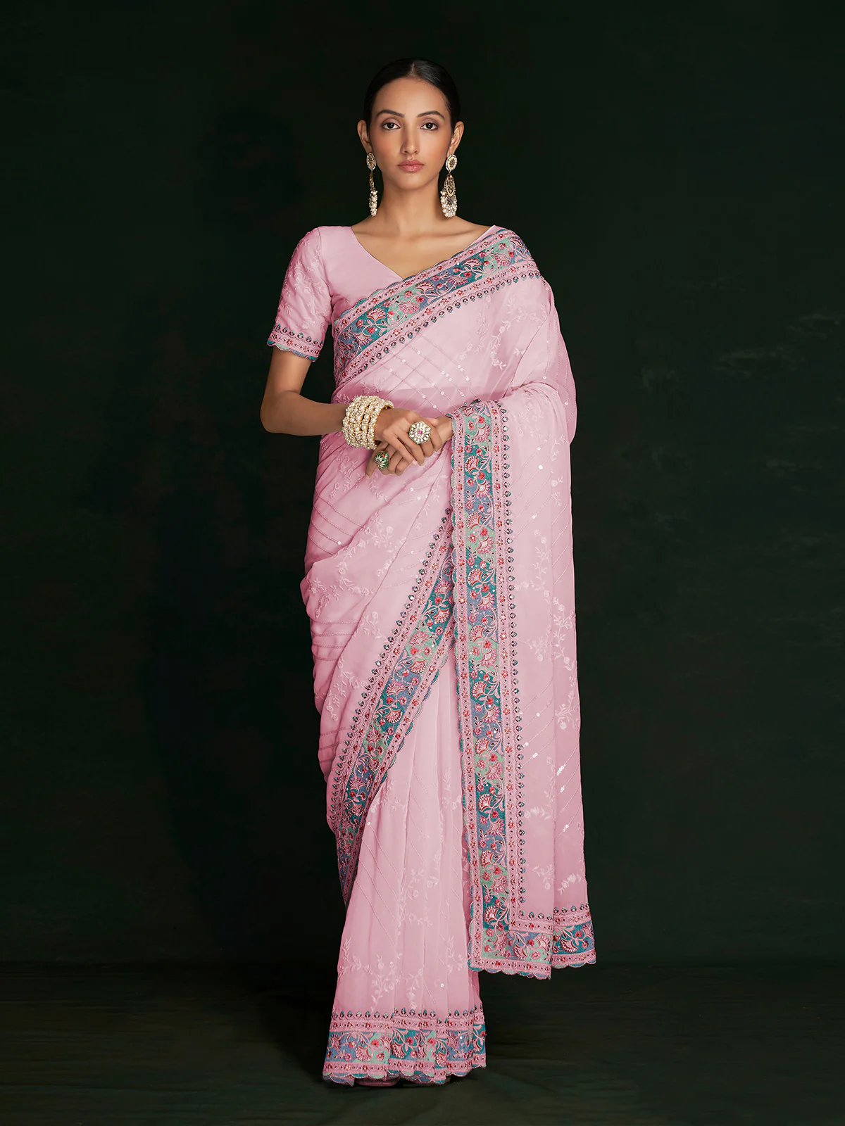 Odette Women Stylish Pink Georgette Embroidered Saree With Unstitched Blouse