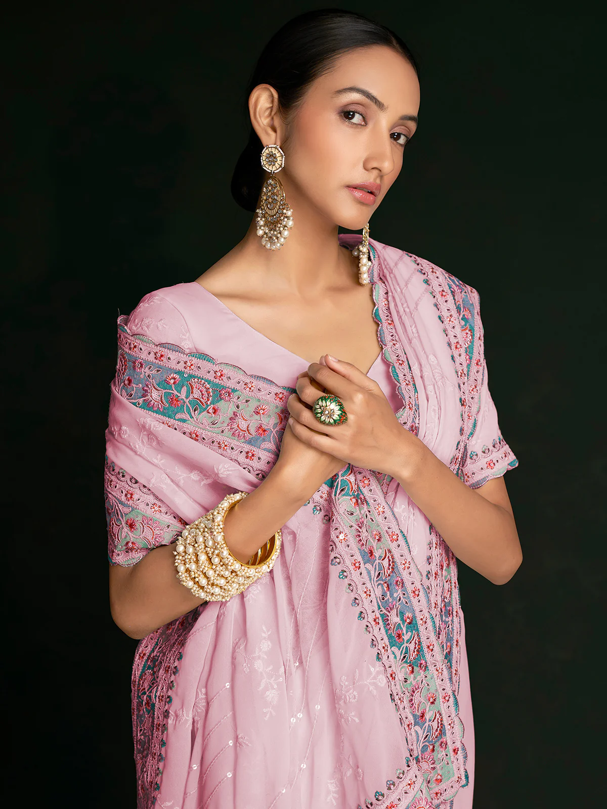 Odette Women Stylish Pink Georgette Embroidered Saree With Unstitched Blouse - Image 2