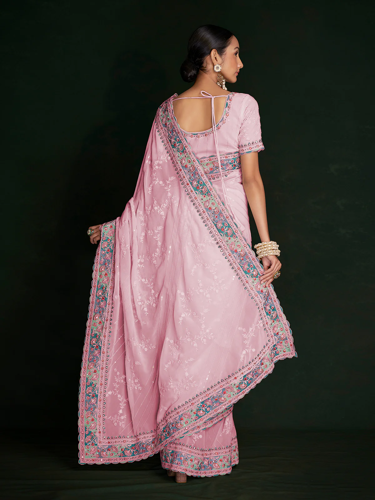 Odette Women Stylish Pink Georgette Embroidered Saree With Unstitched Blouse - Image 4
