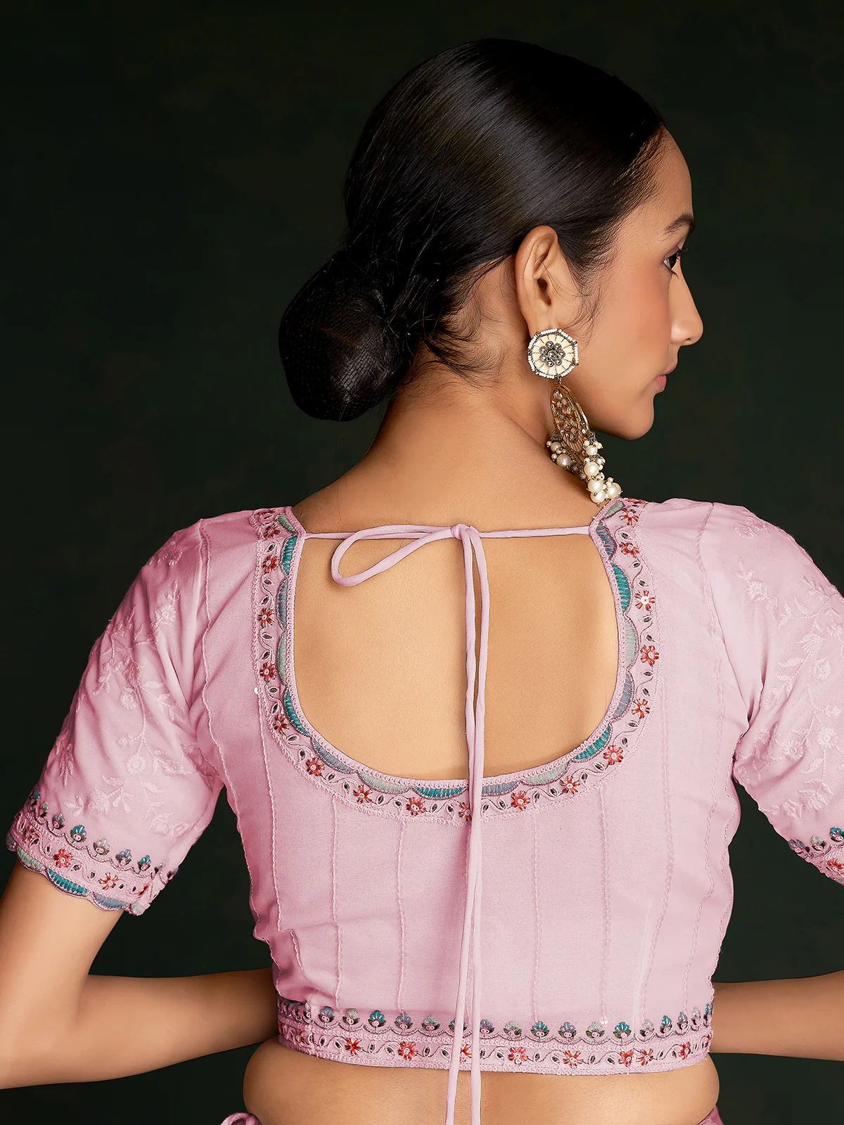 Odette Women Stylish Pink Georgette Embroidered Saree With Unstitched Blouse - Image 5